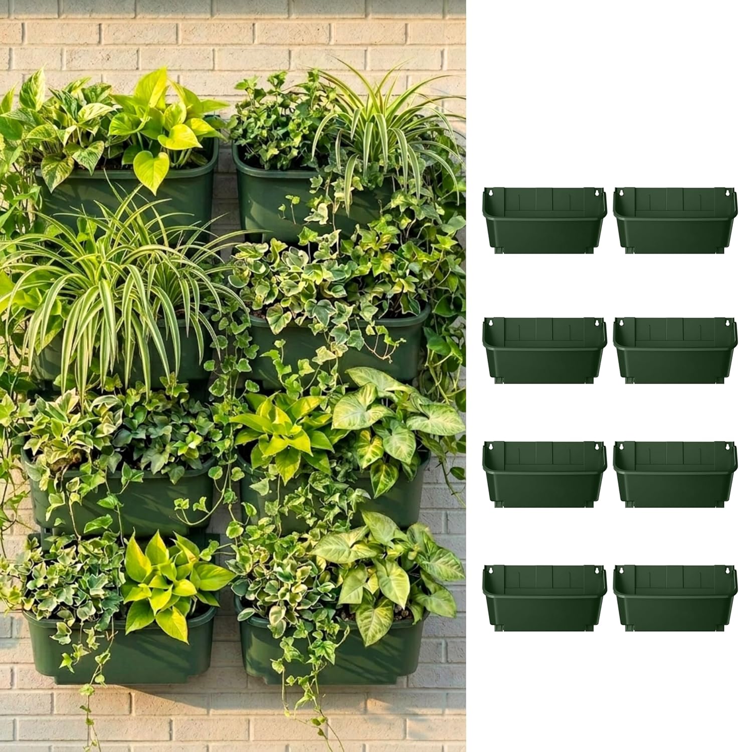 LaLaGreen Vertical Garden Planter - 8 Pack, 13 inch Dark Green Wall Mounted Pots for Garden Green Wall, Plant Wall, Plastic Holder Porch, Fence and Railings Outdoor Planters Decor Balcony