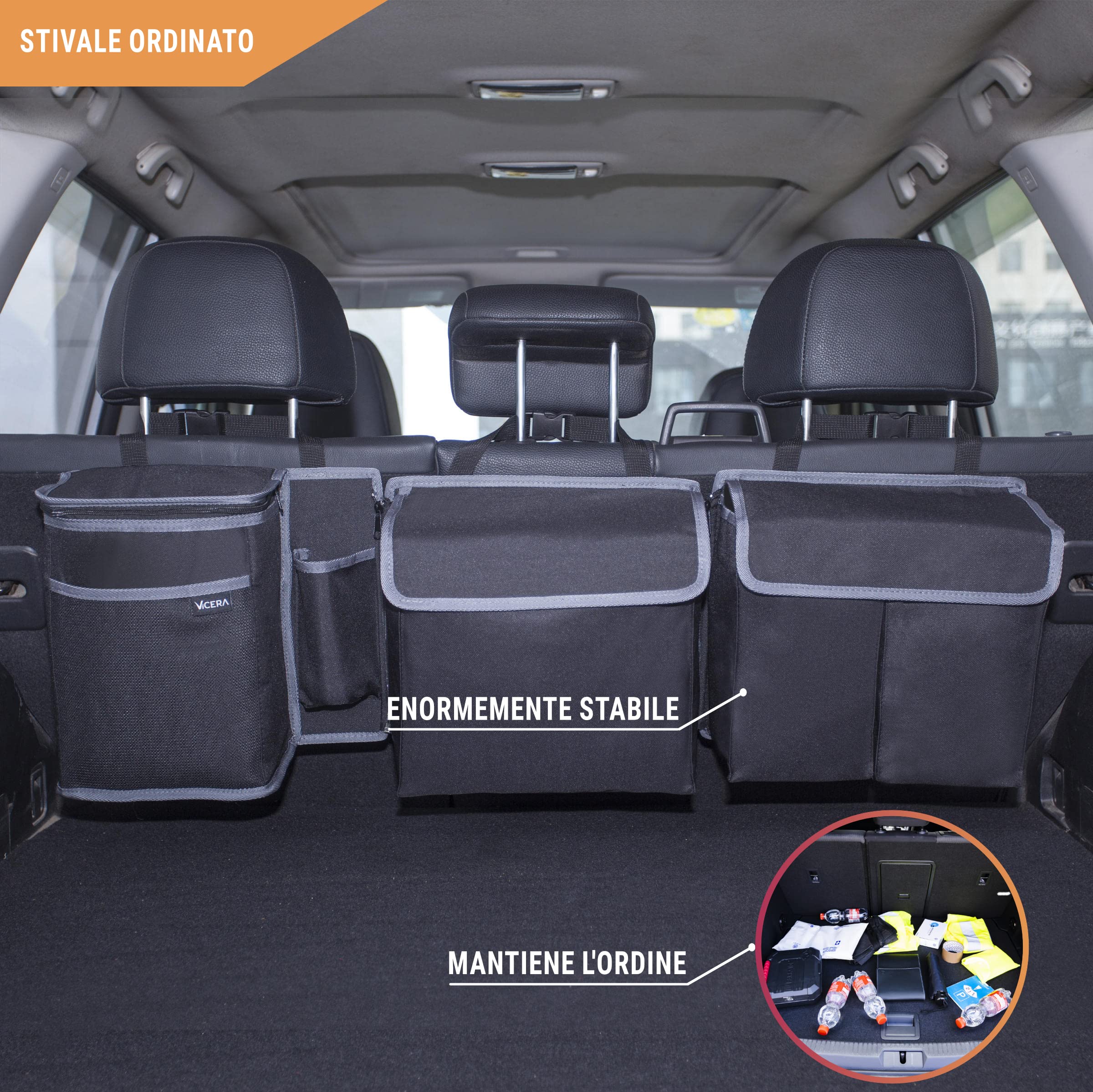 Vicera Organizer per bagagliaio con velcro – Grande tasca per bagagliaio Auto Organizer per SUV, station wagon, autobus, furgoni, auto grandi con moduli divisibili - Organizer per bagagliaio auto con
