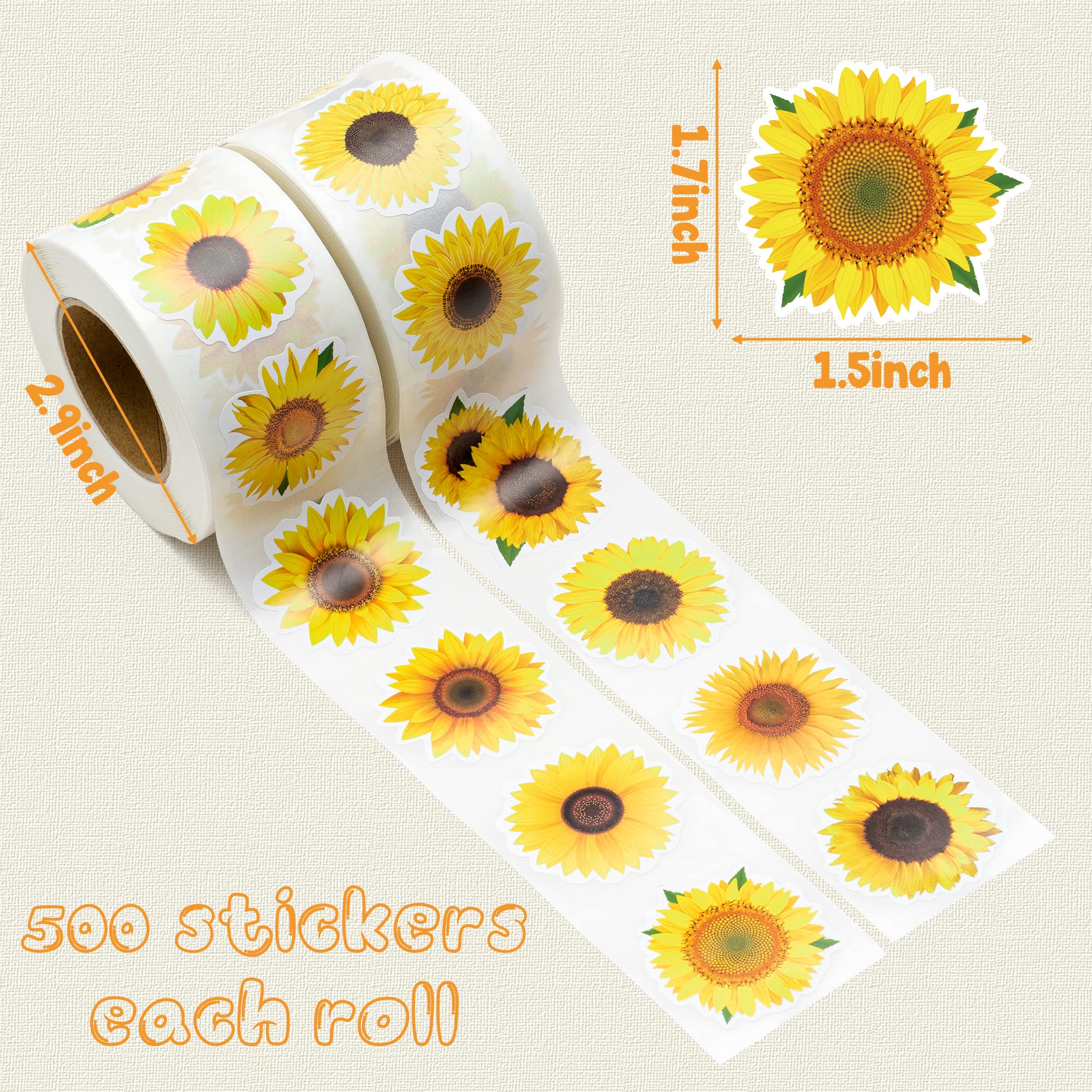 W1cwey Aesthetic Sunflower Stickers Rolls - 1000pcs(2 Roll