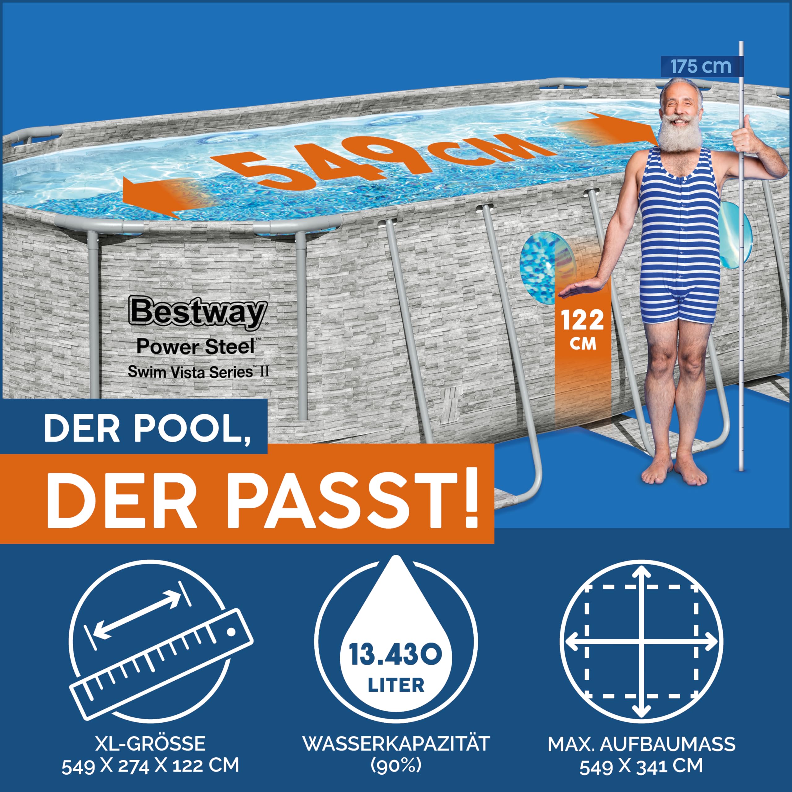 Bestway Power Steel Swim Vista Series Frame Pool Komplett-Set mit Filterpumpe 549 x 274 x 122 cm, Steinwand-Optik (Cremegrau), oval