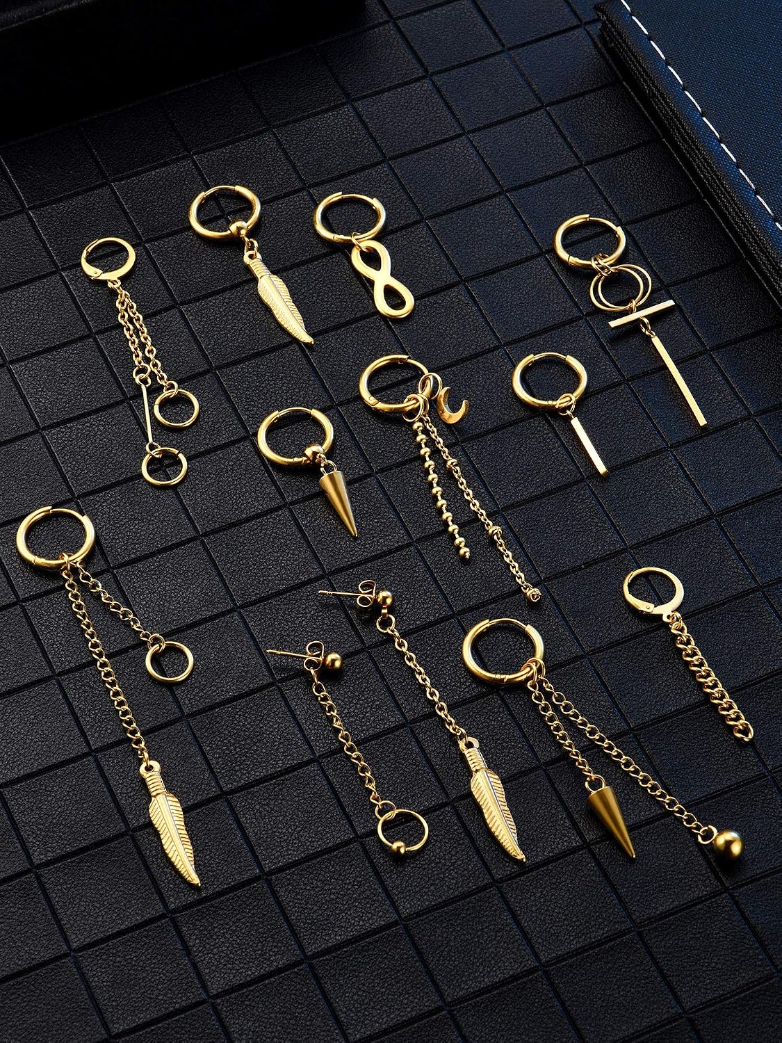 Hicarer 12 Pieces Dangle Earrings for Men Stainless Steel Hoop Dangling Earring for Men Women Feather Hinged Long Chain