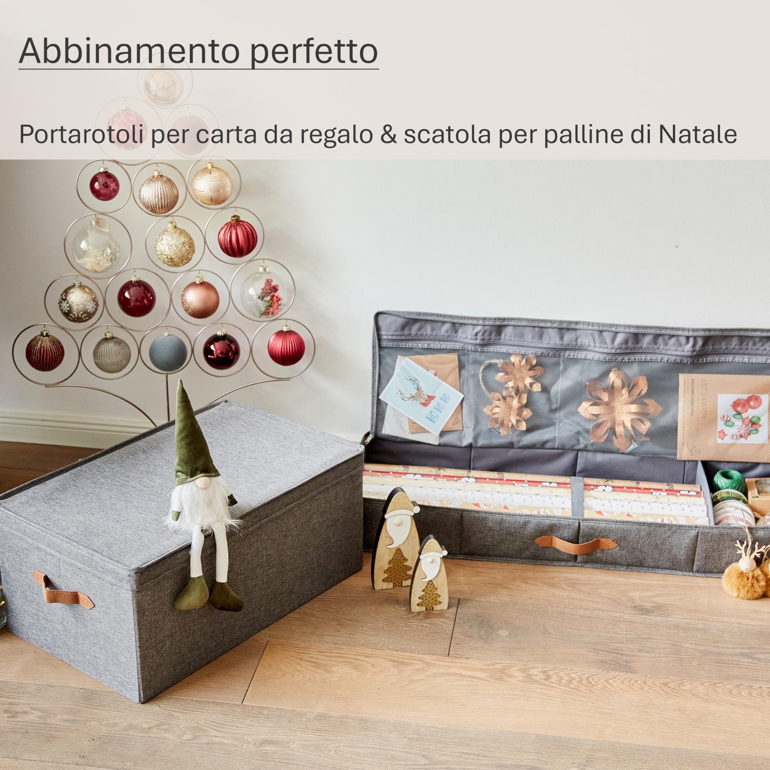 LOVE IT STORE IT - Organizer Carta Regalo in Tessuto - Contenitore Carta Regalo con Cerniera e Manici - Porta Carte Regalo per Rotoli e Nastri - Grigio - 90x30x12 cm