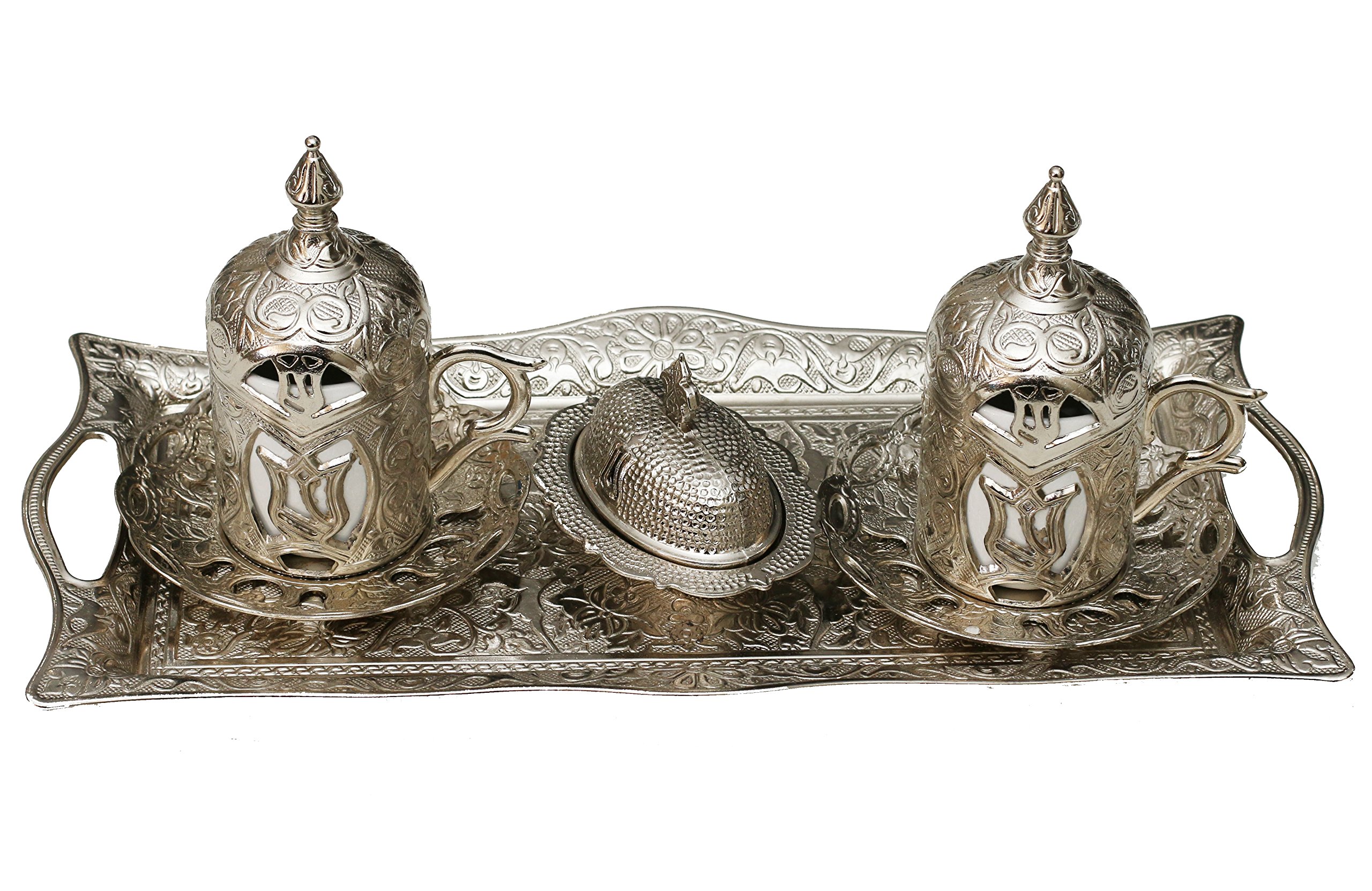 Turkish Style Coffee Serving Cups with Holders Lids, Saucers and Tray 2 pcs Set, Tulip (silver)