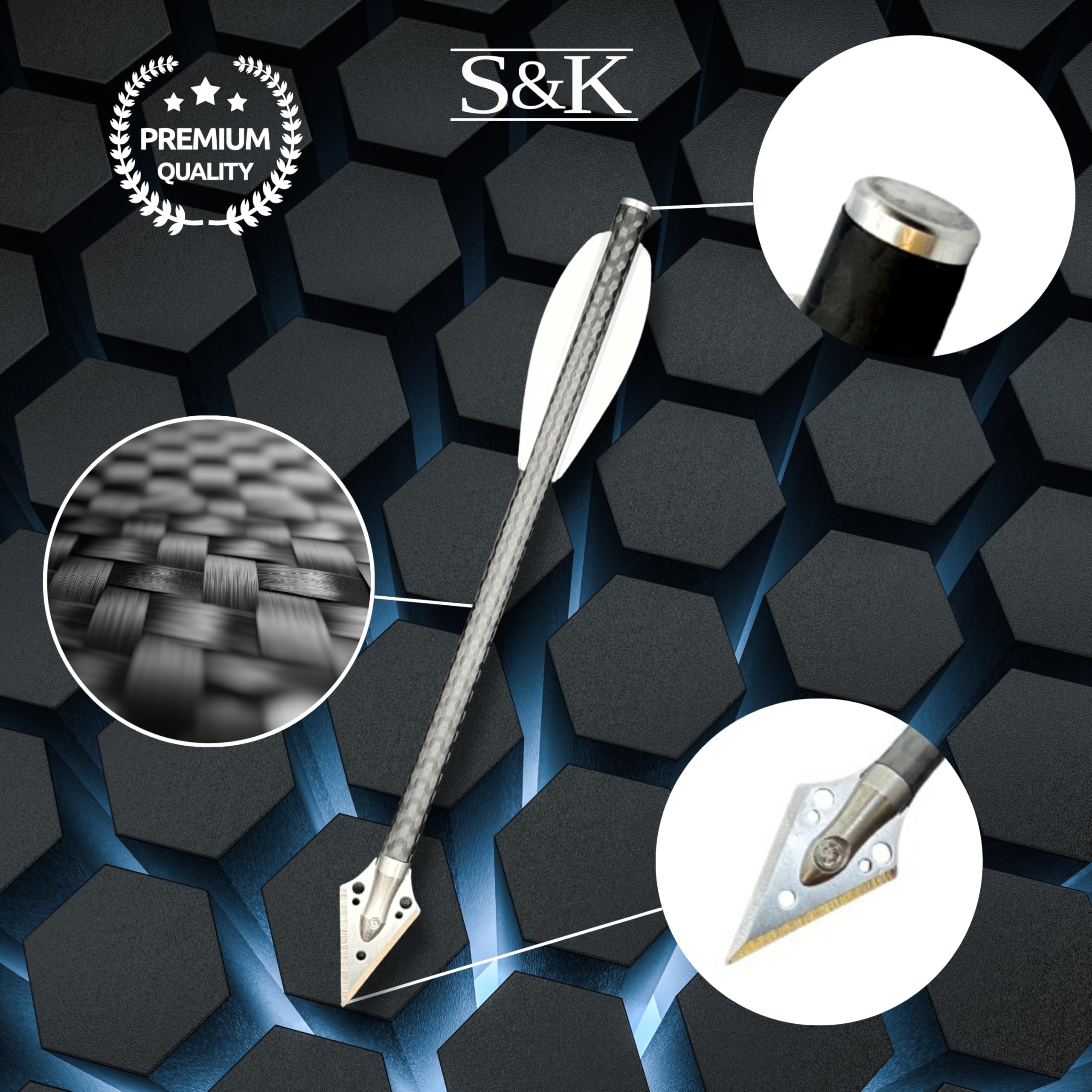 S&K - 5X Premium 3K Carbon Jagdbolzen 6,3" für Pistolenarmbrust – für Steambow Stinger, EK Archery Vlad & Cobra, Mey Interceptor UVM. – Hochpräzise Armbrustpfeile mit Jagdspitzen & weißen Vanes