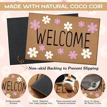 Duraaamo Spring Flower Coir Doormat Outdoor Daisy Welcome Mat Outdoor Non Slip Spring Door Mat for Entrance Home Front Porch Door 16 x 28 Inches Housewarming Gift Indoor Decor