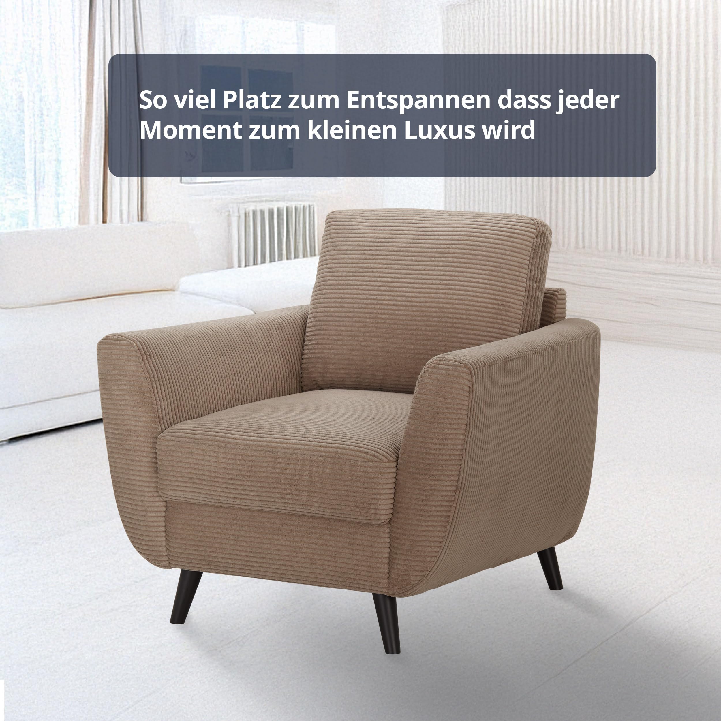 smart Sessel Wanja, Cordstoff Schlamm, 94x90x90cm - Skandi-Design, inkl. Rückenkissen, Polyätherschaum & Wellenunterfederung, Massivholzfüße, frei stellbar