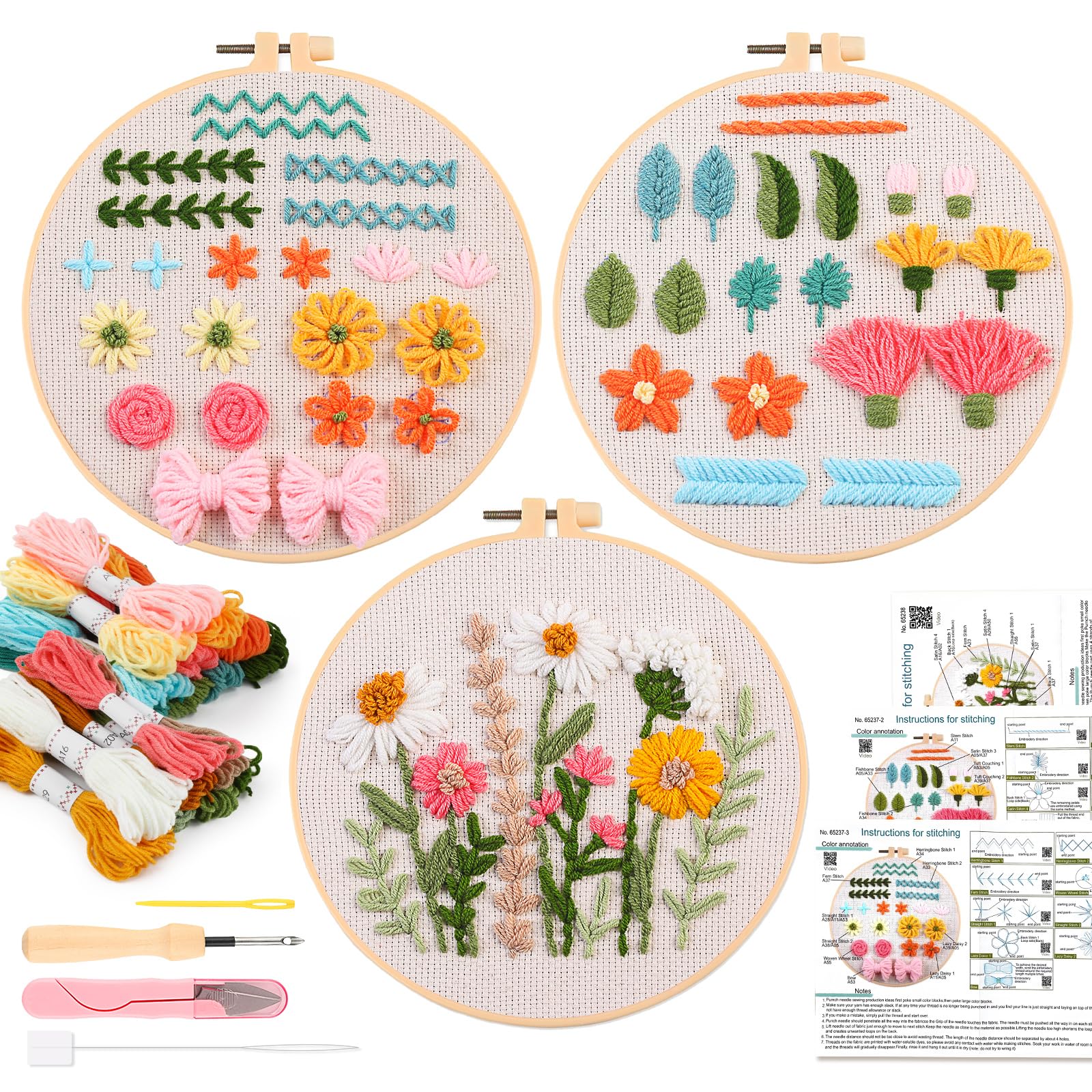 JSRQT 3Pcs Punch Needle Starter Kit for Beginners, Punch Needle Embroidery Practice Kit for Craft Lover to Learn Basic Stitch, DIY Cross Stitch Rug Hooking Beginners Set with Tool and Instructions