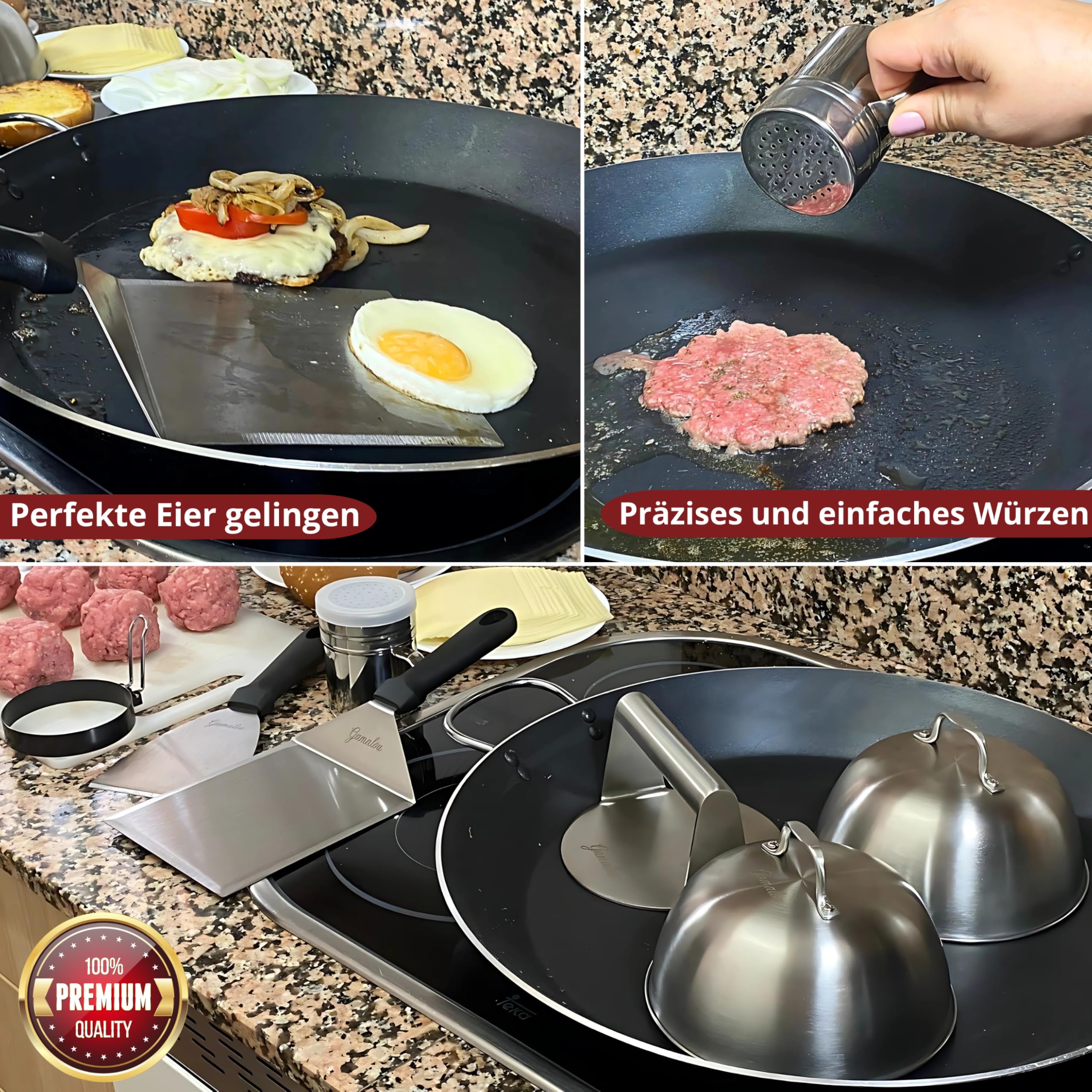 Edelstahl Smash Burgerpresse Set: Burger Smasher mit Grillspachtel 13 cm, Schaber 10 cm, 2 Burgerglocken, Gewürzstreuer & Eierringe für Grill, Grillplatte und Pfanne - EU-zertifiziert