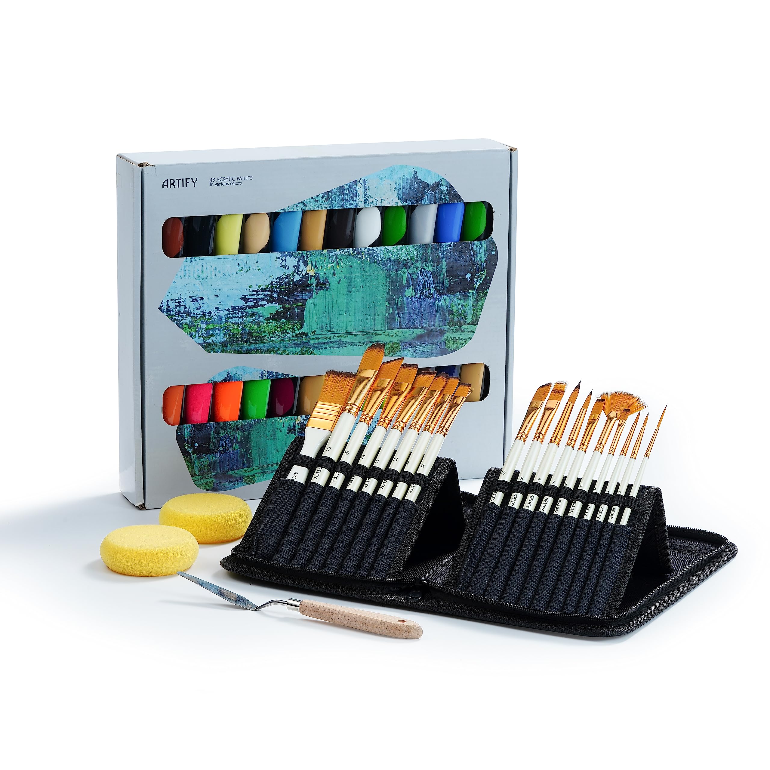 ARTIFY Acrylic Painting Set, Includes 18 Pieces Paint Brush Set and 48 Colors Acrylic Paint Set