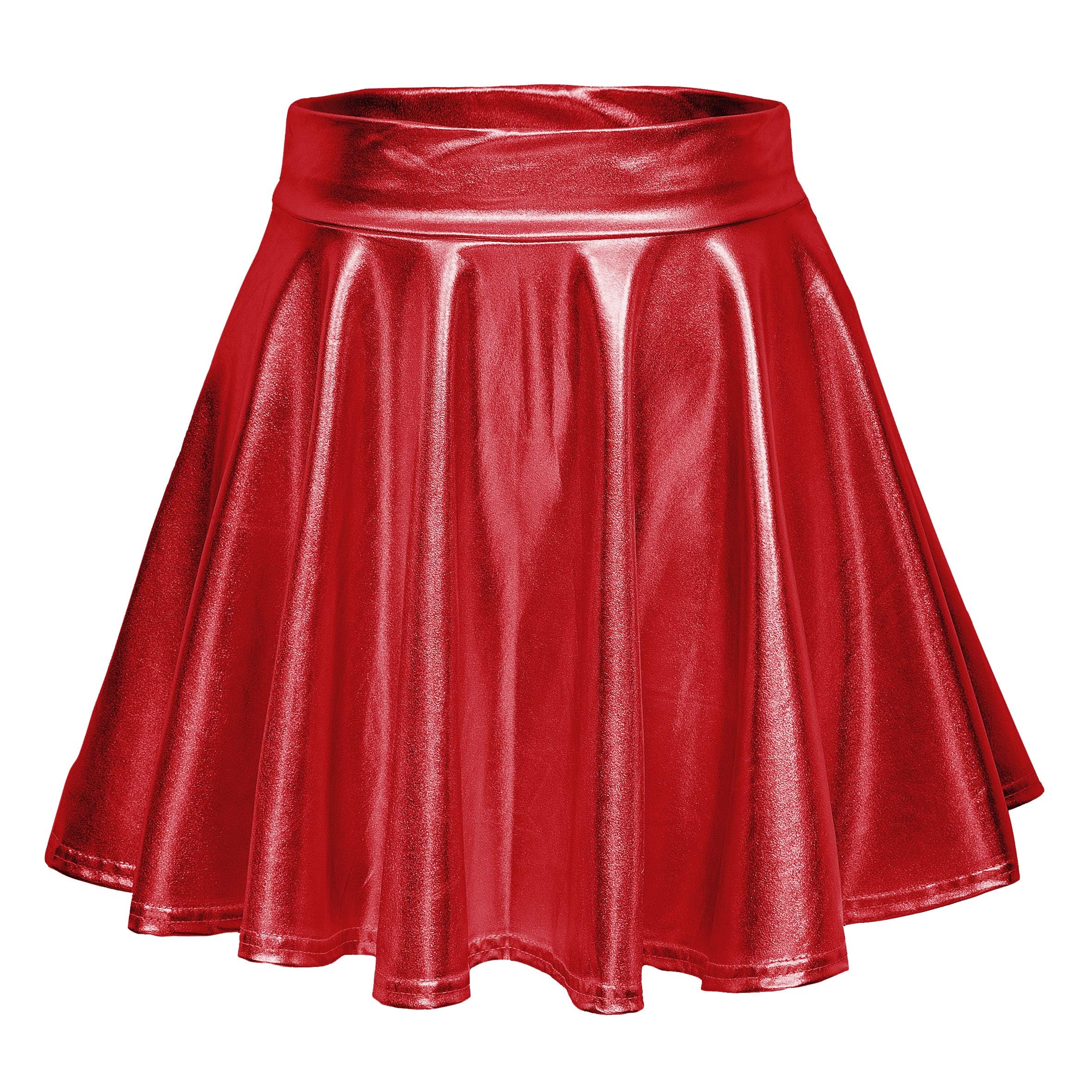 EXCHIC Women's Shiny Metallic Wet Look Mini Skirt Elastic Waist Flared Skater Skirts(M, Red)