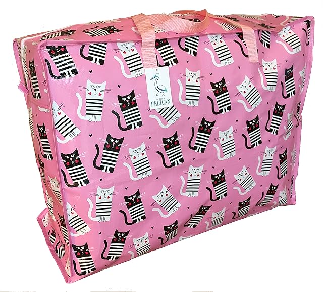 Pop it in a Pelican Large laundry bags clothes Storage Bags with zips Dust waterproof Underbed loft roof container bedding duvet clothing toys teddy shoes. Camping moving bags. Pink cats Print