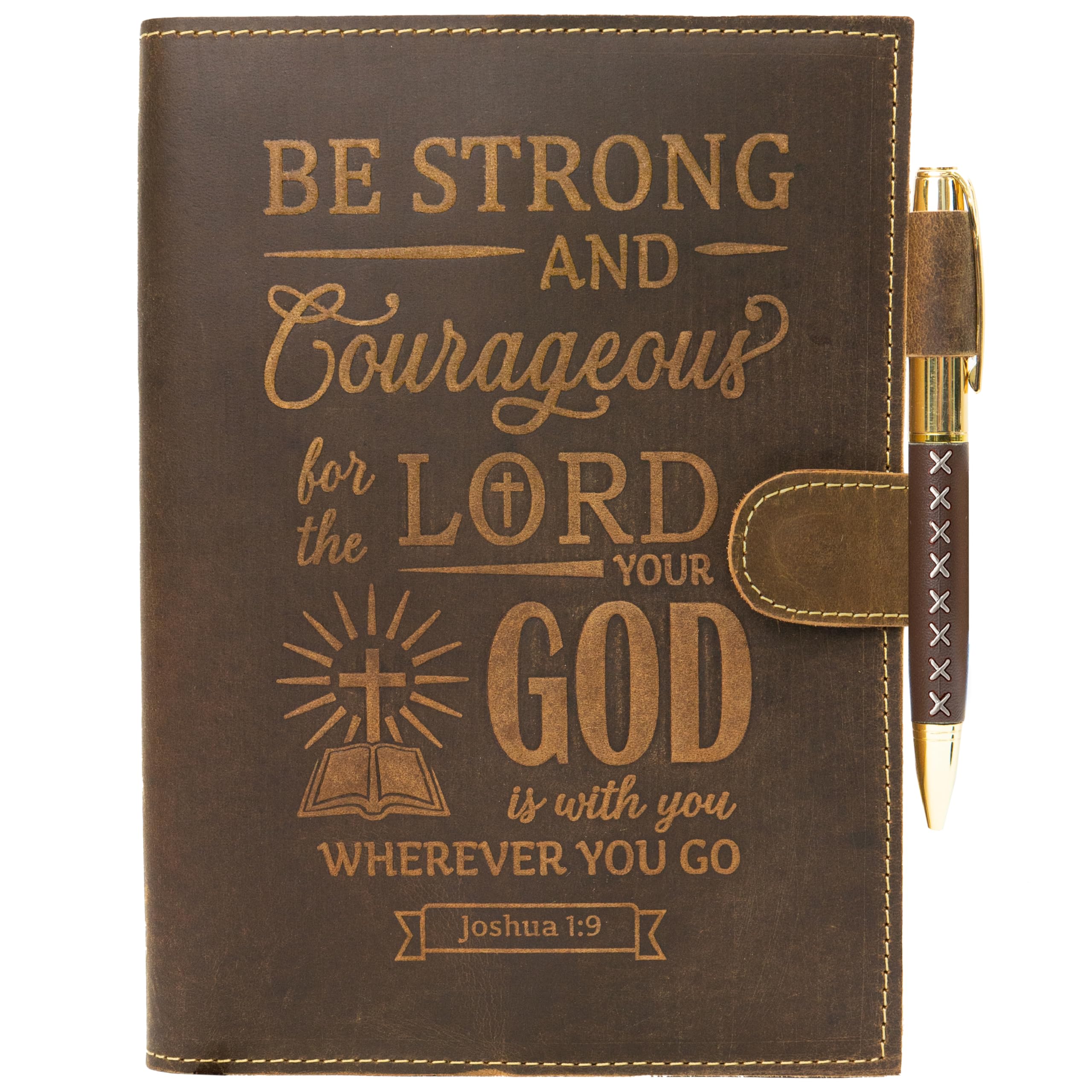 Sovereign-Gear Religious Refillable Leather Journal - Handmade A5 Writing Notebook with Pen - Joshua 1:9 “Be Strong & Courageous” Embossed Diary with