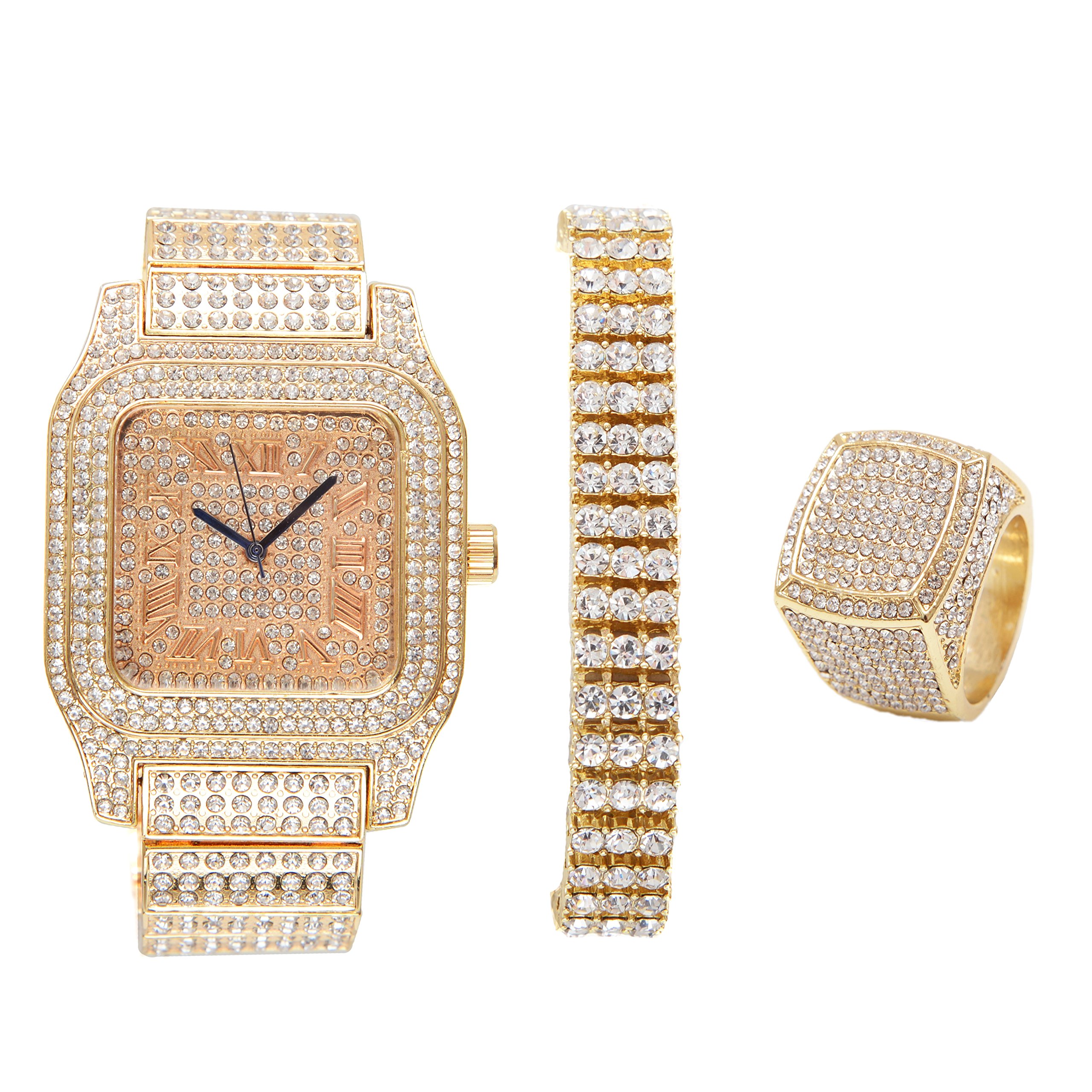 Bling-ed Out Biggie Sq. Iced Gold Hip Hop Watch with 3 Row Bling-ed Out Tennis Bracelet and Bling-ed Out Size 11 Ring - You will hypnotize in a Flashy Way (11, Gold with 3 Row Bracelet)