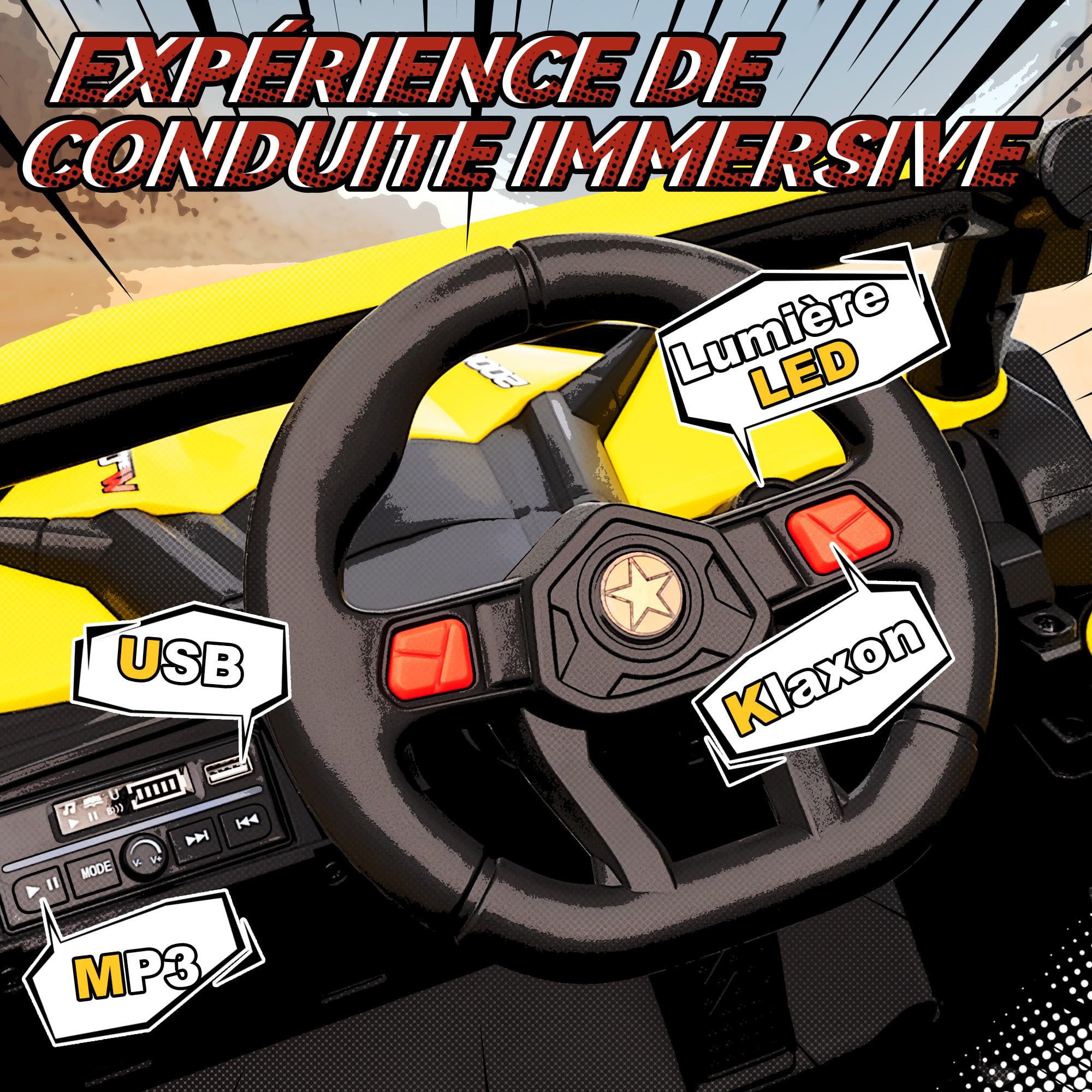 AIYAPLAY Auto elettrica per bambini UTV 12 V, buggy elettrico per bambini con telecomando 2,4G, avviamento lento, sistema di sospensione, luci, musica, porta USB, per ragazzi e ragazze 3-5 anni