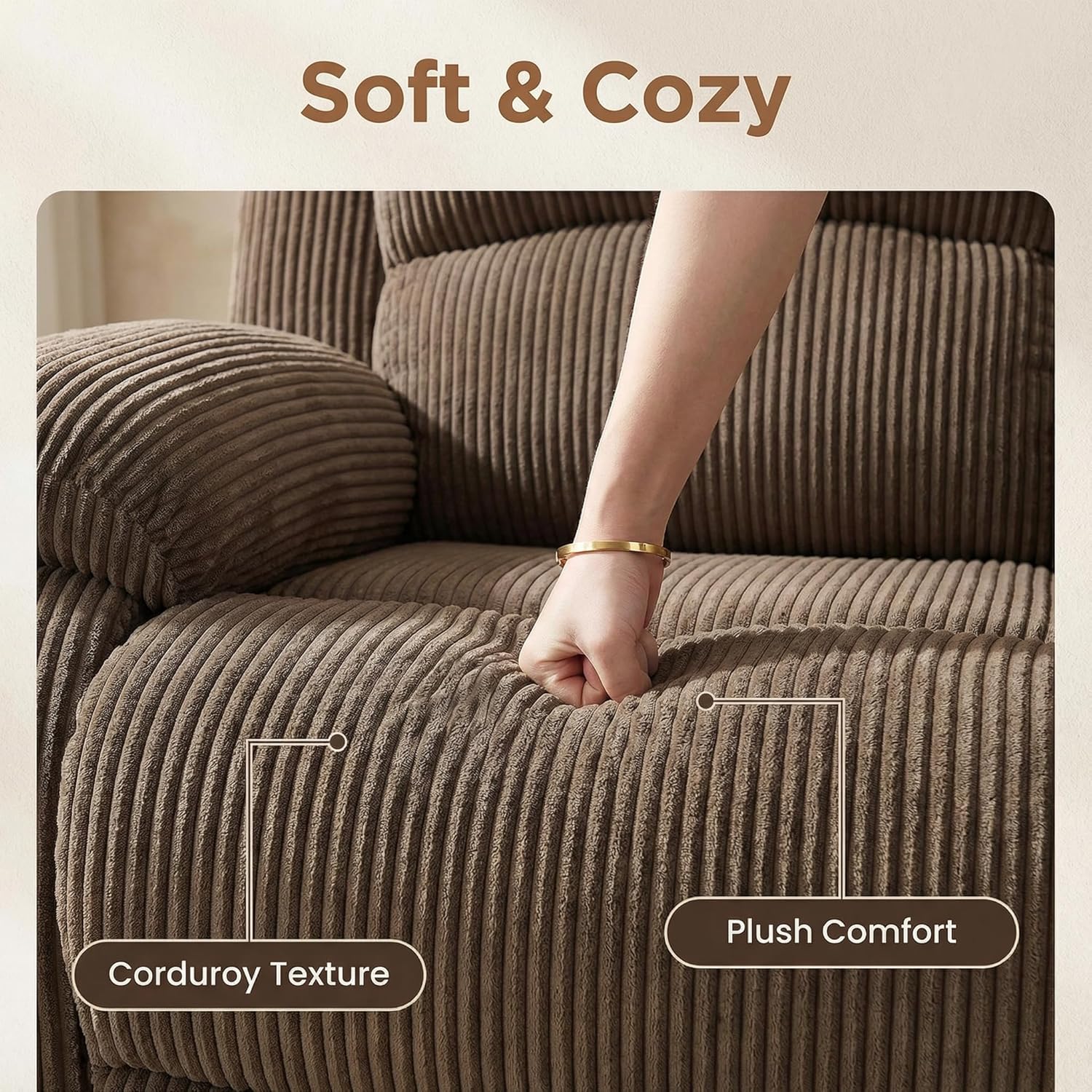 Manual Recliner Sectional Sofa Set, Corduroy L Shaped Living Room Furniture Sets, Reclining Corner Couch Set with Drop-Down Table/Storage Console/Cup Holders for Home Office (Peanut, Sectional)