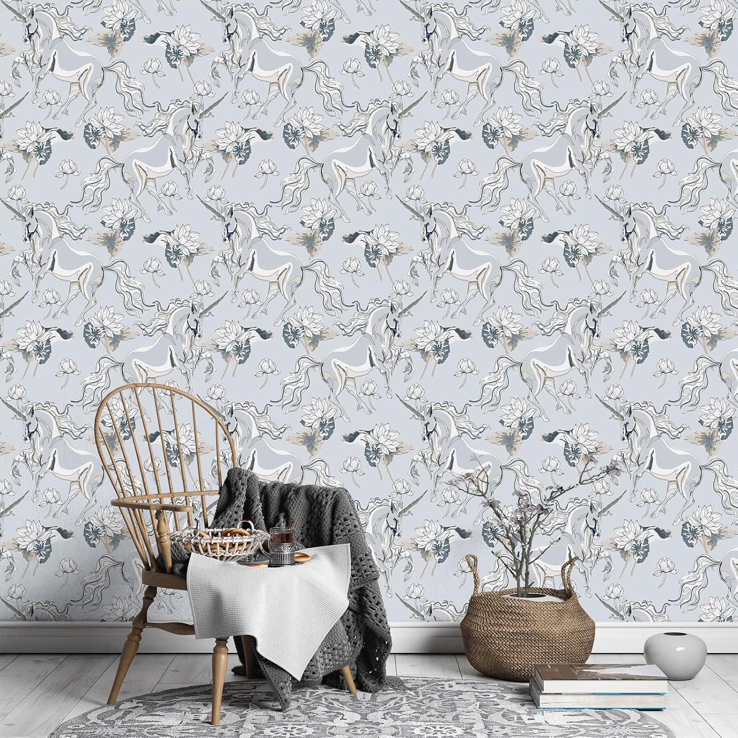 VaryStyle Whimsical Unicorn Wallpaper Grey/Cream Lotus Flower Mythical Animal Peel and Stick Wallpaper Vintage Floral Wallpaper for Bedroom 17.7"x118" Removable Retro Contact Paper for Cabinets Walls