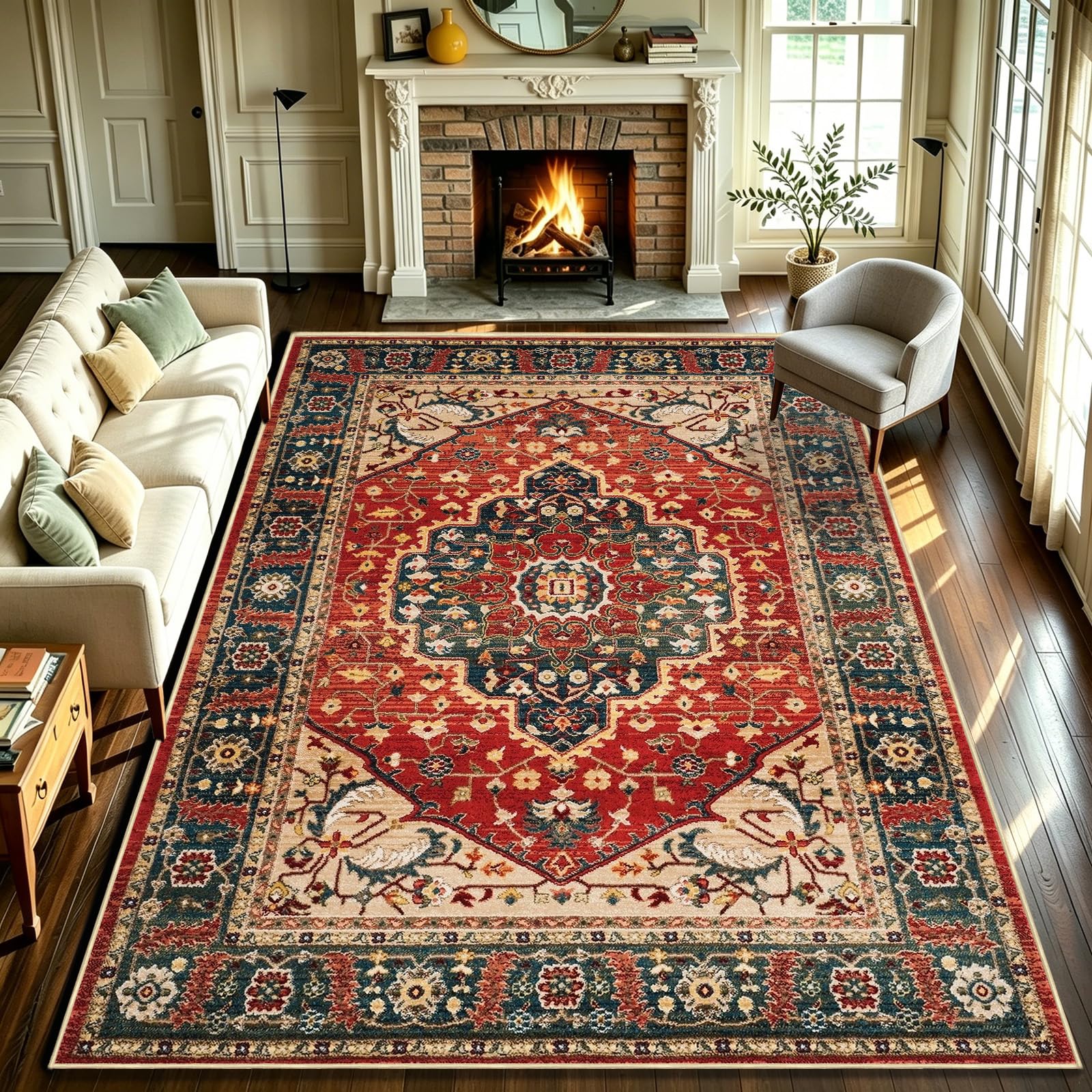 WUTONG Vintage Teppich Wohnzimmer 160x230 cm Rot,Orientalischer Teppich Waschbar rutschfest Kurzflor,Geeignet für Esszimmer und Jugendzimmer,Retro Boho