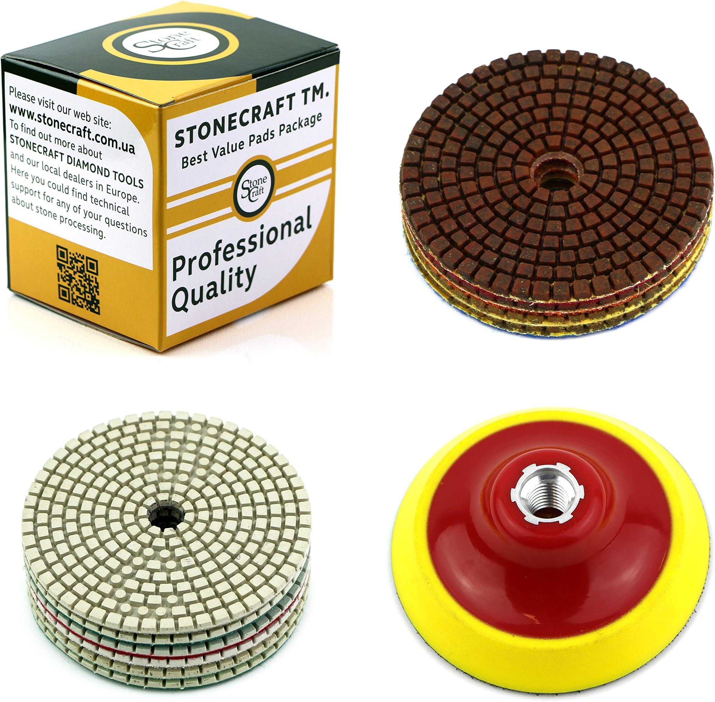 Stonecraft - 100mm Diamond Polishing Metal Bond Pads Wet/Dry 11 Piece Set with White Buff + M14 Thread Foam Backing Pad for Granite Marble Concrete