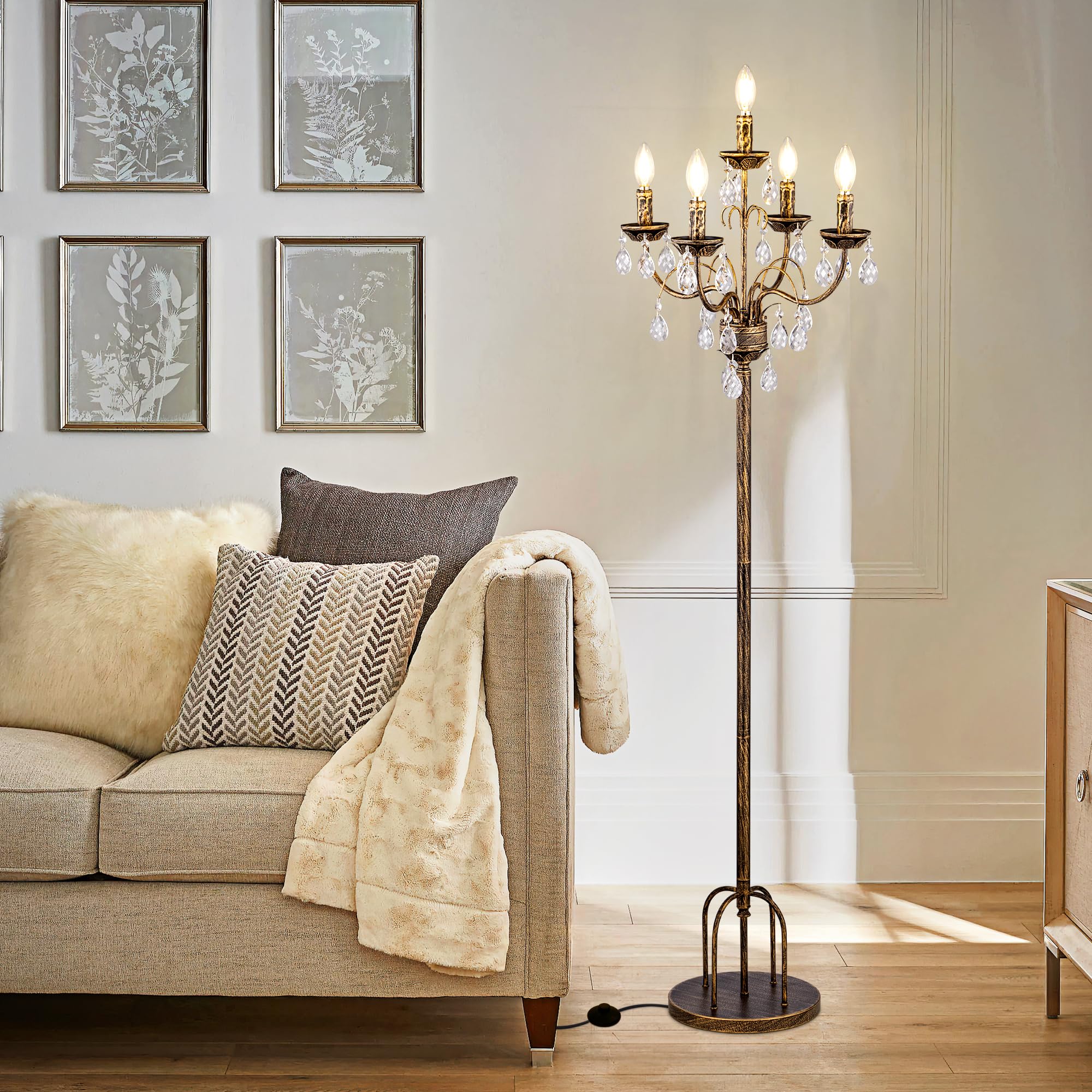 TOCHIC Bronze Crystal Floor Lamp, 5 Lights Vintage Farmhouse