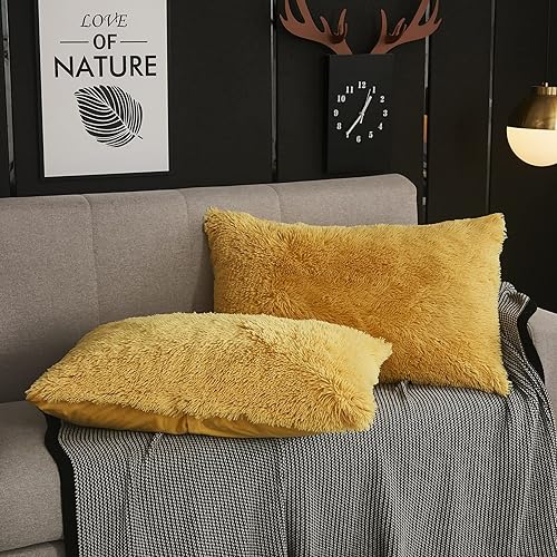 Miniatura 3 de WERDIM Juego de 2 fundas de almohada de terciopelo con cierre de botón, tamaño King (amarillo, 20 x 36 pulgadas)