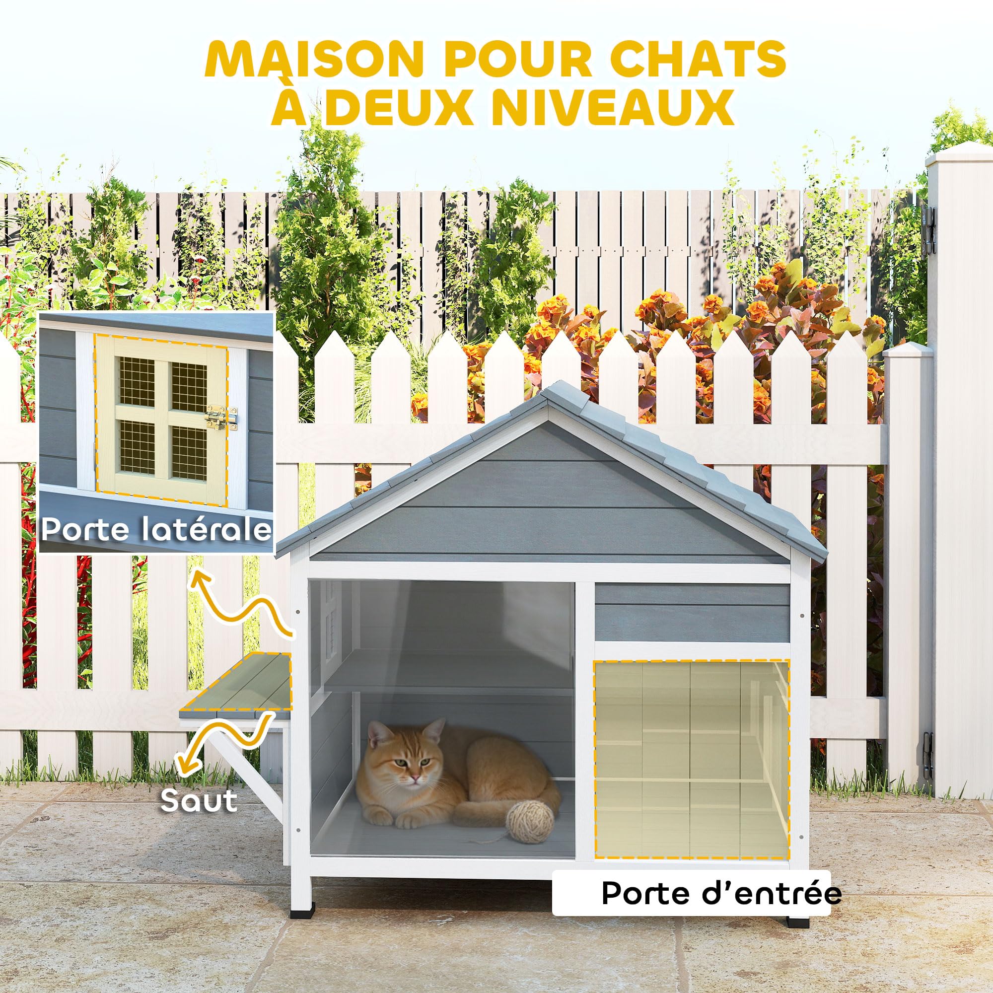 PawHut Maison pour Chat en Bois Toit Ouvrant Fenêtre 101x72,5x81cm Gris