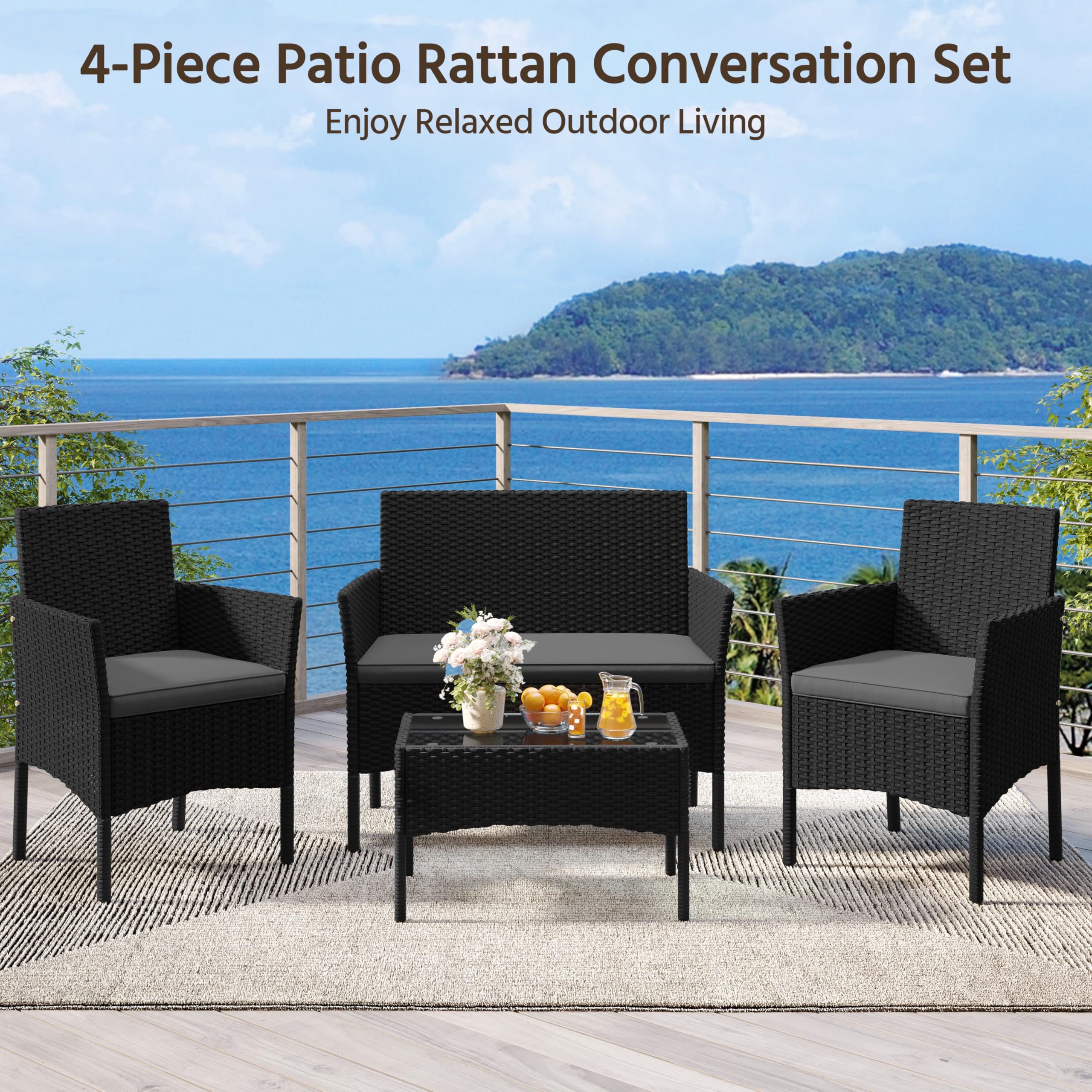 Yaheetech 4-Piece Rattan Patio Furniture Set, Outdoor 4 Seater Patio Conversation Sets with Glass Top Coffee Table, Weather Resistant Garden Conversation Set for Patio, Backyard, Deck, Black/Gray - 3