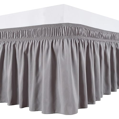 Biscaynebay Wrap Around Bed Skirts with Adjustable Belts for Full & Full XL Beds 9 Inches Drop, Silver Grey Elastic Dust Ruffles, Easy Fit Wrinkle & Fade Resistant Silky Luxurious Fabric