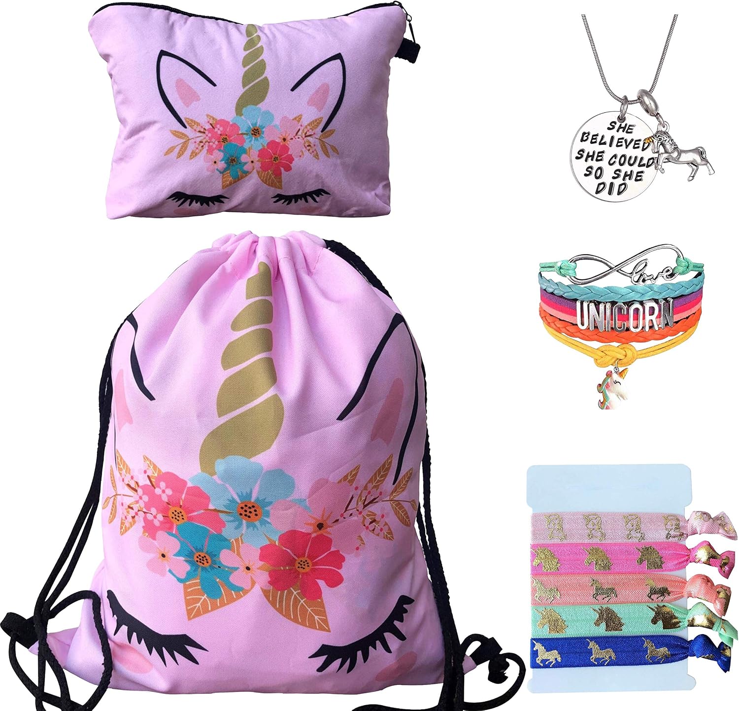 Unicorn Gifts for Girls - Unicorn Drawstring Backpack/Makeup Bag/Bracelet/Inspirational Necklace/Hair Ties (Pink Flower)