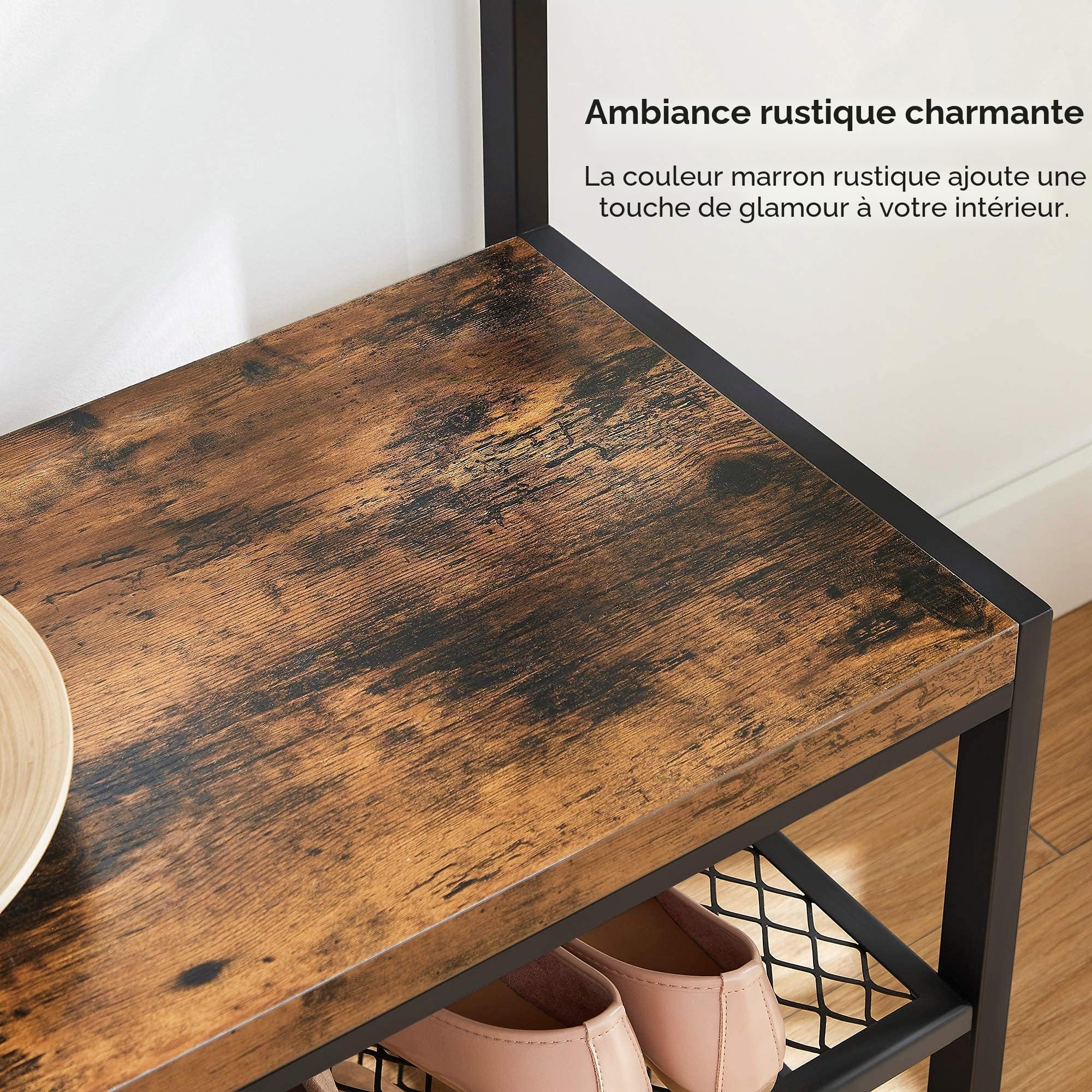 VASAGLE Grand portemanteau, Meuble d’entrée, avec 12 Crochets et Banc à Chaussures, Style Industriel, Vestiaire, Étagère, pour Bureau, Chambre, Cadre en Acier, Marron Rustique et Noir HSR86BX