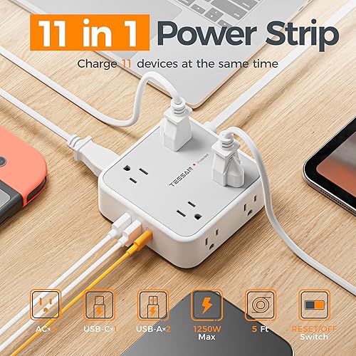 Miniatura 2 de TESSAN Regleta de alimentación con protector de sobretensiones de 10 pies, 3 USB (1 USB C) 8 tomas, cable de extensión de enchufe plano con