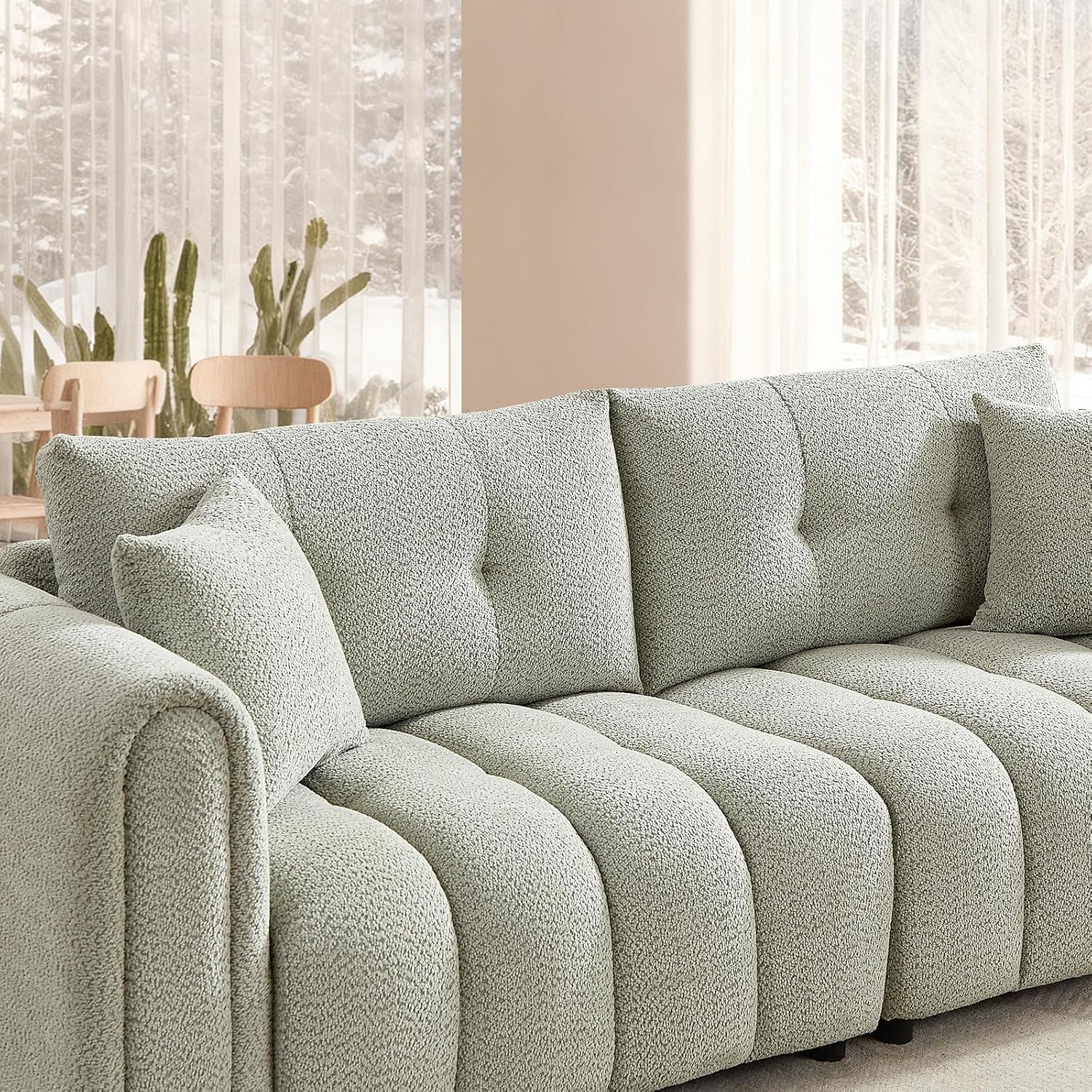 Mid Century Modern Boucle Sofas for Living Room, 3 Seater Couch with Deep Seat, Comfy Sherpa Cloud Couch Oversized Loveseat for Apartment, Bedroom, Home Office, 91.5 Inch, Mint Green