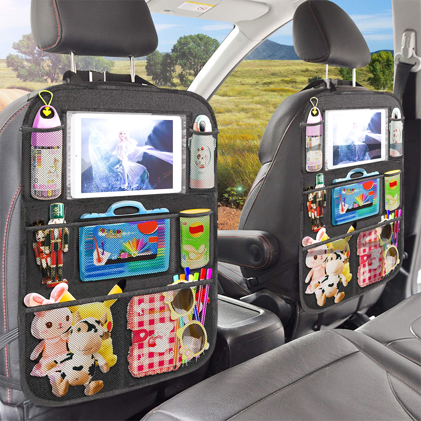 Organizer Sedile Auto Bambini, 2 Pcs Protezione Proteggi Sedile Posteriore con Multi-Tasca Portaoggetti (9 Pocket), Impermeabile Organizzatore Auto con Supporto Trasparente per 10” ipad Tablet