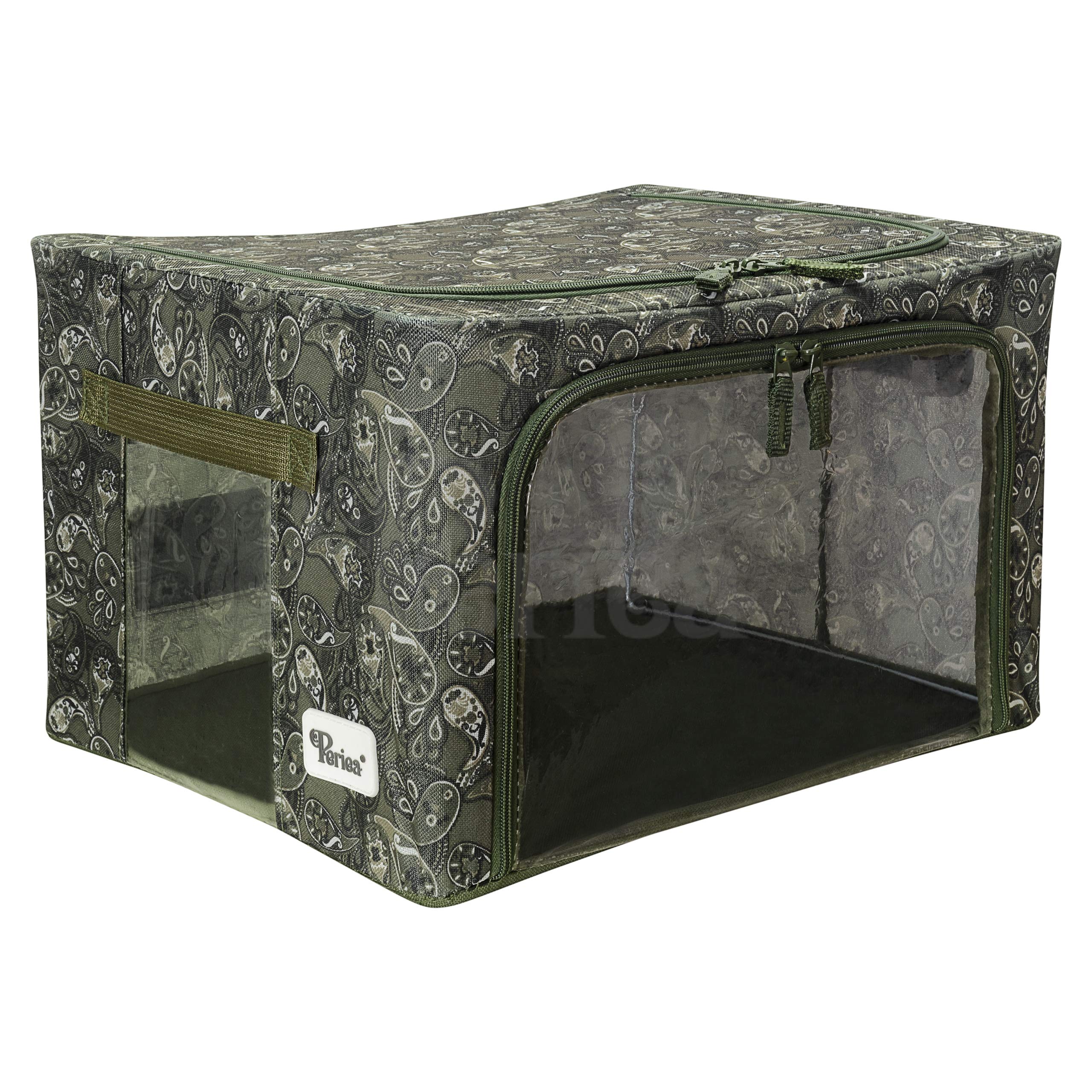 Periea ‘Beau’ Folding Collapsible Stackable Fabric Home Storage Boxes with Steel Frames (Green Paisley, Small)