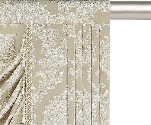 Miniatura 6 de Loom and Mill Cenefa de cascada de jacquard de lujo para sala de estar, elegantes cenefas de ventana de damasco con cuentas, cortinas beige para
