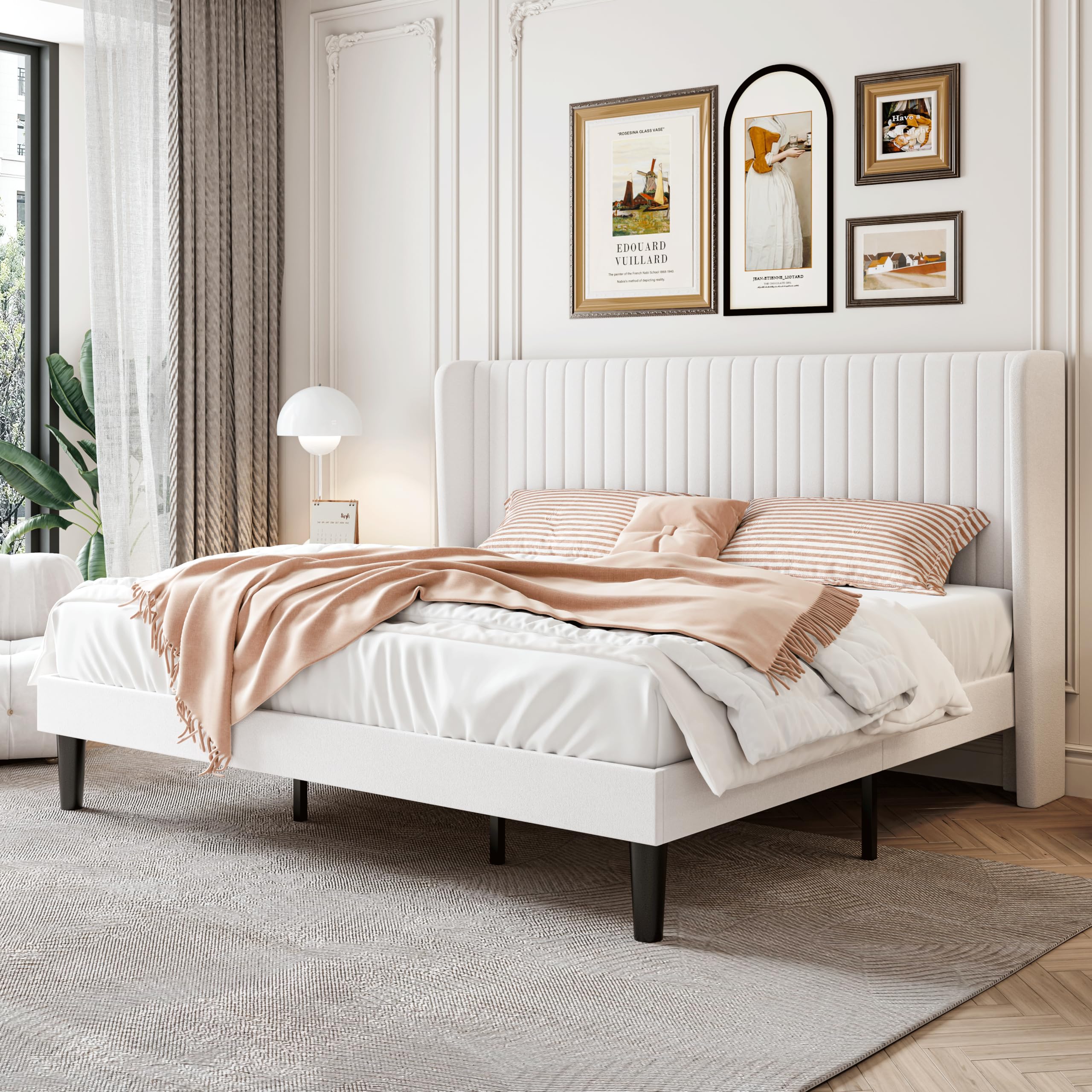 SHA CERLIN King Size Velvet Bed Frame, Tufted Wingback Headboard, White