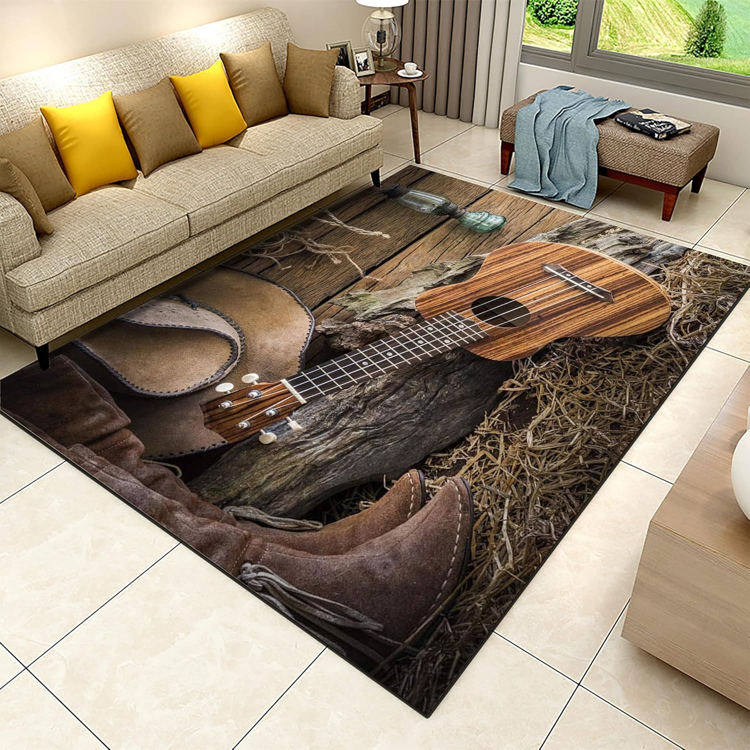 Amazon.com: Vintage Guitar Area Rug, 3x5ft, Brown Cowboy Bedroom Rug ...
