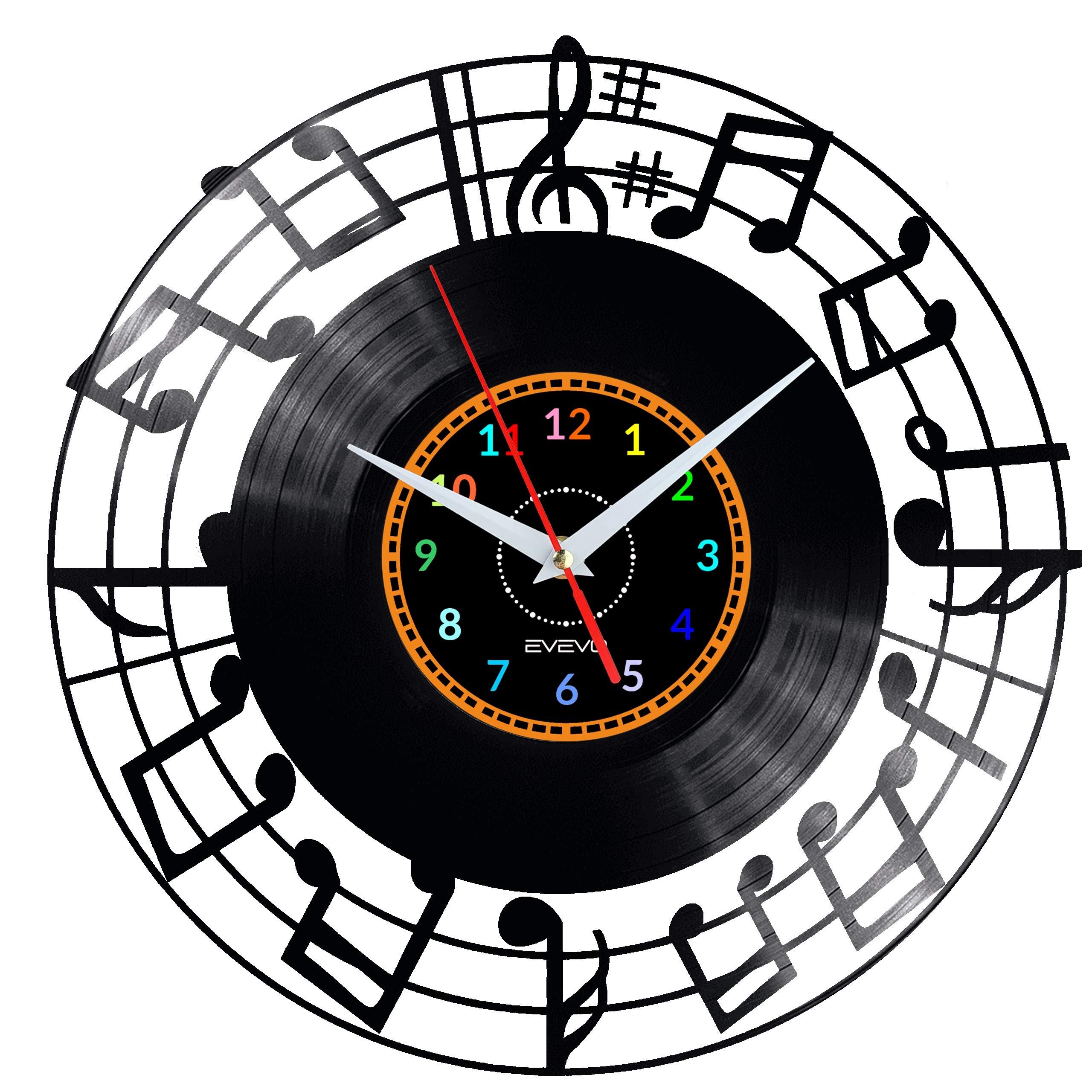 Evevo Multicolor Music Wall Clock Vinyl Record – Musical Notes & Instrument Design, Handmade Art Clock, Unique Gift Or Present For Musicians, Music Lovers & Studio Home Decor W0082