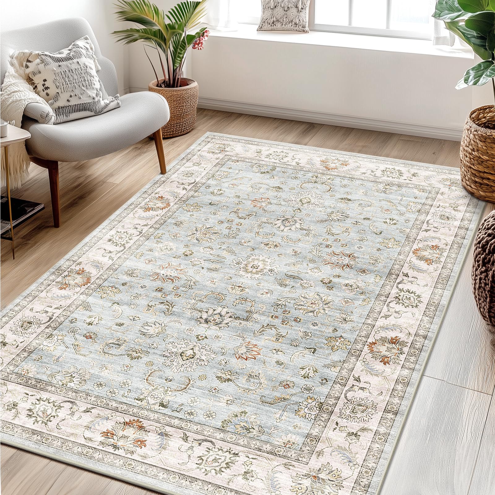 5x7 Washable Area Rug, Vintage Rug Traditional Floor Cover, Boho Rug for Living Room Bedroom Kitchen Accent Rug, Non-Slip Stain Low Pile Resistant Floor Carpet, Light Blue