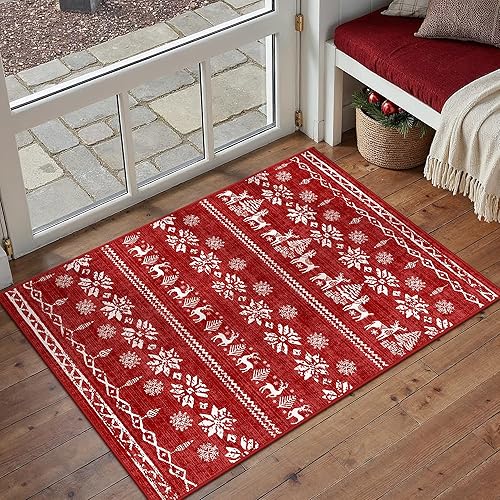Miniatura 13 de Alfombra de Navidad 5 x 7, roja, lavable, antideslizante, para festividades, con renos y árbol de Navidad, para sala de estar, dormitorio, comedor,