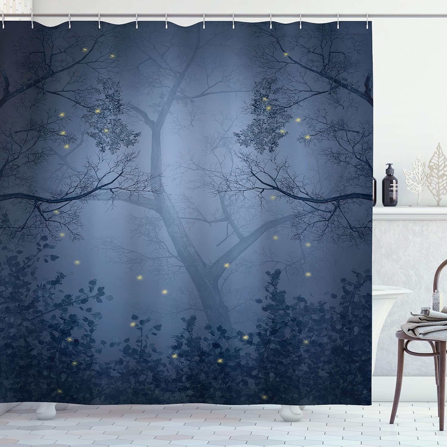 Ambesonne Mystic Forest Shower Curtain, Foggy Dark Gloomy Horror Misty Woodland Dragonflies on Branches Print, Cloth Fabric Bathroom Decor Set with Hooks, 69" W x 75" L, Blue