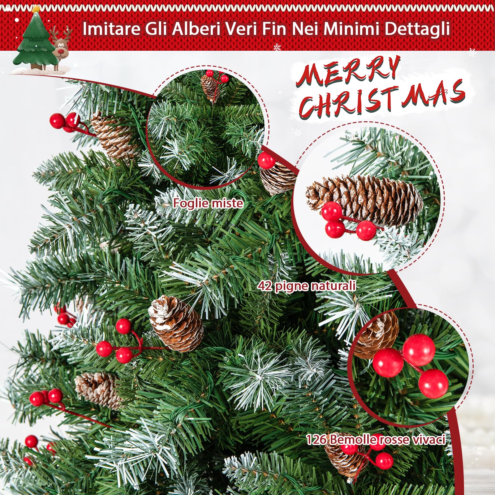 GYMAX 150 cm Albero di Natale Innevato Automatico, con 200 Luci a 8 Modalità, 450 Rami in PVC, 26 Pigne e 126 Bacche, Folto e Realistico, Base Pieghevole in Metallo, Montaggio Facile