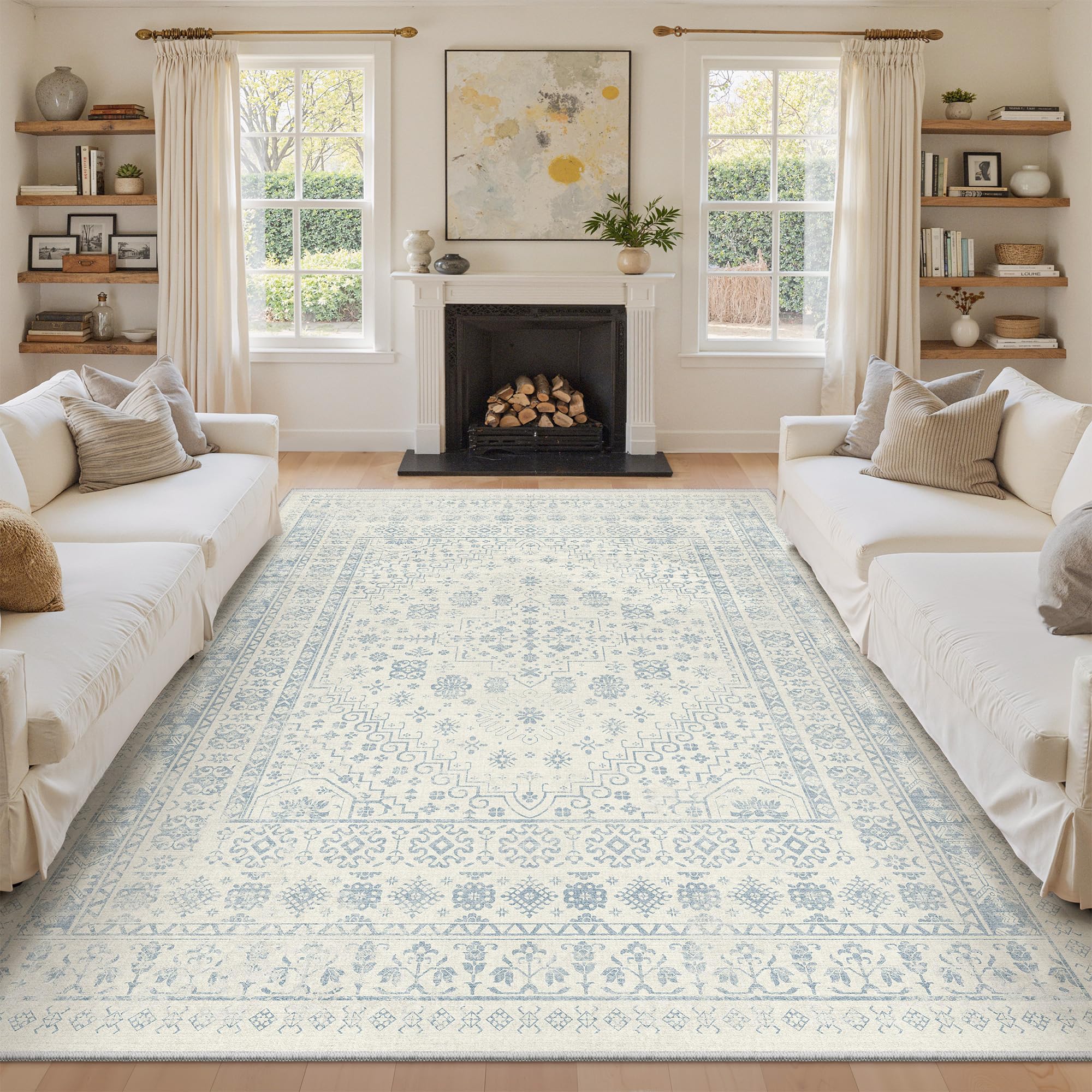 8x10 Area Rugs for Living Room,Large Washable Rug,Blue | Rugs for Bedroom,Dining Room,Office,Low Pile,Soft, Vintage Rug,Stain Resistant Indoor Carpet,Non Slip,Home Decor Blue/Ivory/Beige 8' x 10' (Rectangular)