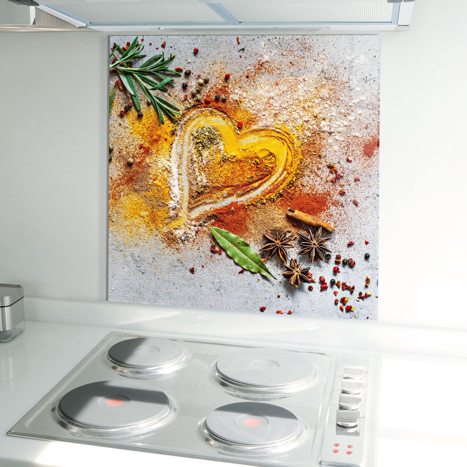 ARTHUB® Paraschizzi Cucina in Vetro temperato 60x60 cm, Heart Spice Powders | Protezione Contro Gli Schizzi, Protezione murale per fornelli, Vetro temperato, Alimenti, Spezie