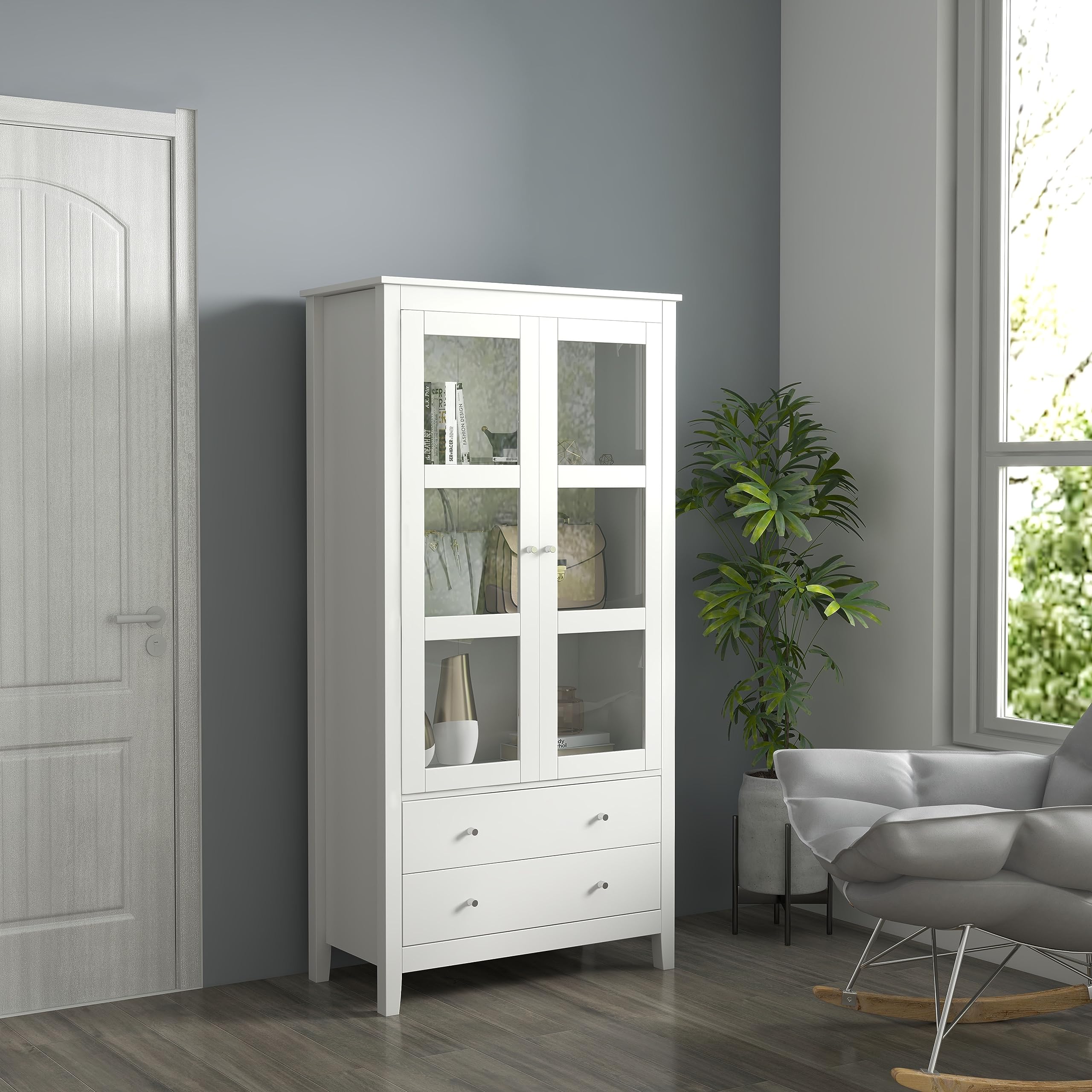 HOMCOM Vitrina de Salón Aparador de Cocina 2 Puertas 80x40x160 cm Blanco | Vidrio Templado, 3 Estantes, 2 Cajones, Bisagras de Cierre Suave, para Comedor Oficina
