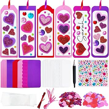 ArtCreativity Valentines Day Bookmark Craft Kit for Kids Classroom, Makes 24 Bookmarks, Hearts, Glitter Stickers, Rhinestones, Ribbons, 314-Pack
