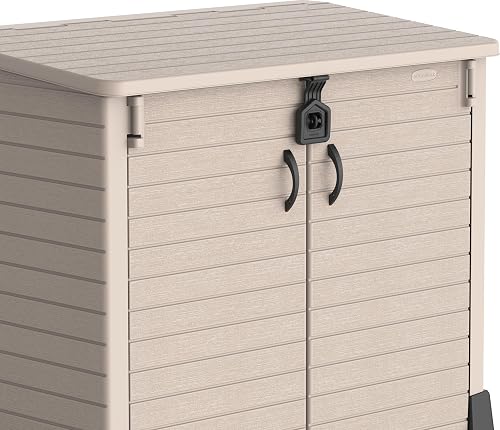 Duramax Cedargrain StoreAway 850L Plastic Garden Storage Shed - Outdoor Storage Shed, Wheelie bin box, Durable Construction, Ideal for Tools, BBQs & 2x 120L Garbage Bins, 130x74x110 cm, Warm Taupe - 12