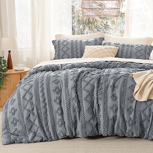 Bedsure Tufted Boho Comforter Set Queen Size - Grey Boho Bed Set, GentleSoft™ 3 Pieces Farmhouse Shabby Chic Embroidery Bedding, Gifts for Woman, Soft Jacquard Queen Comforter for All Seasons