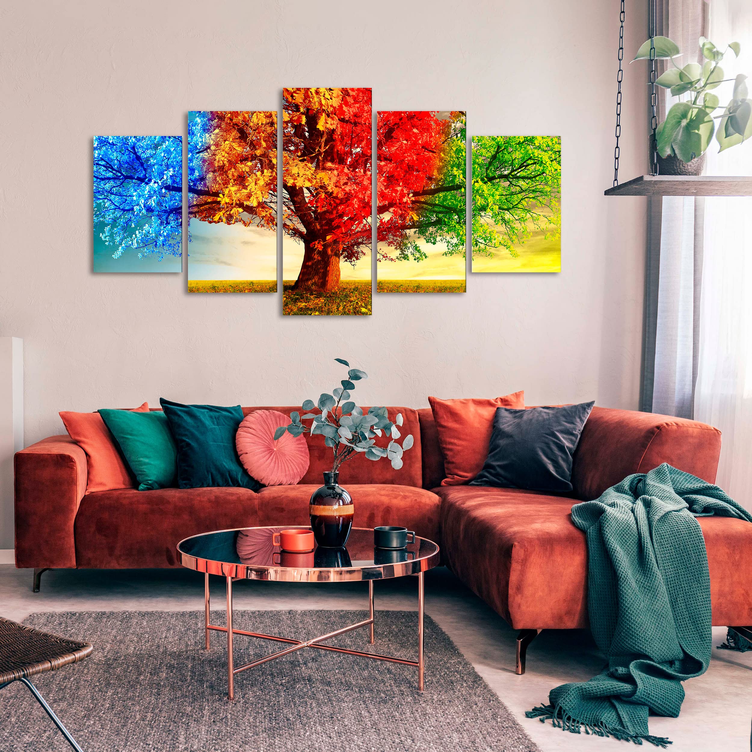 DekoArte - Cuadros Modernos Impresión Imagen Artística| 5 Piezas 200x100cm | Lienzo Decorativo Para Tu Salón o Dormitorio | Estilo Paisaje Árboles Cuatro Estaciones Del Año XXL