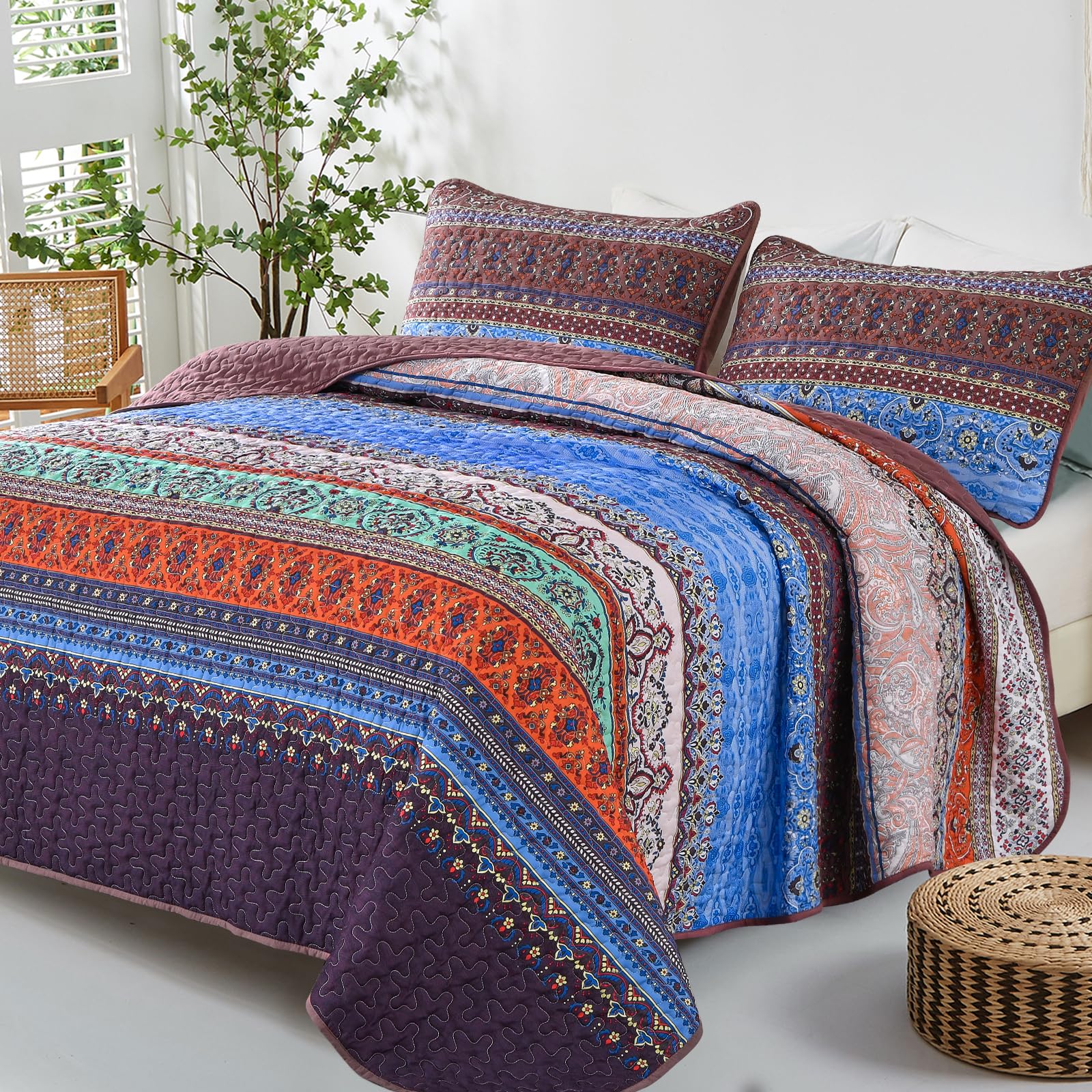 WONGS BEDDING Boho King Quilt Set, Purple Bohemian King Quilt Bedding ...
