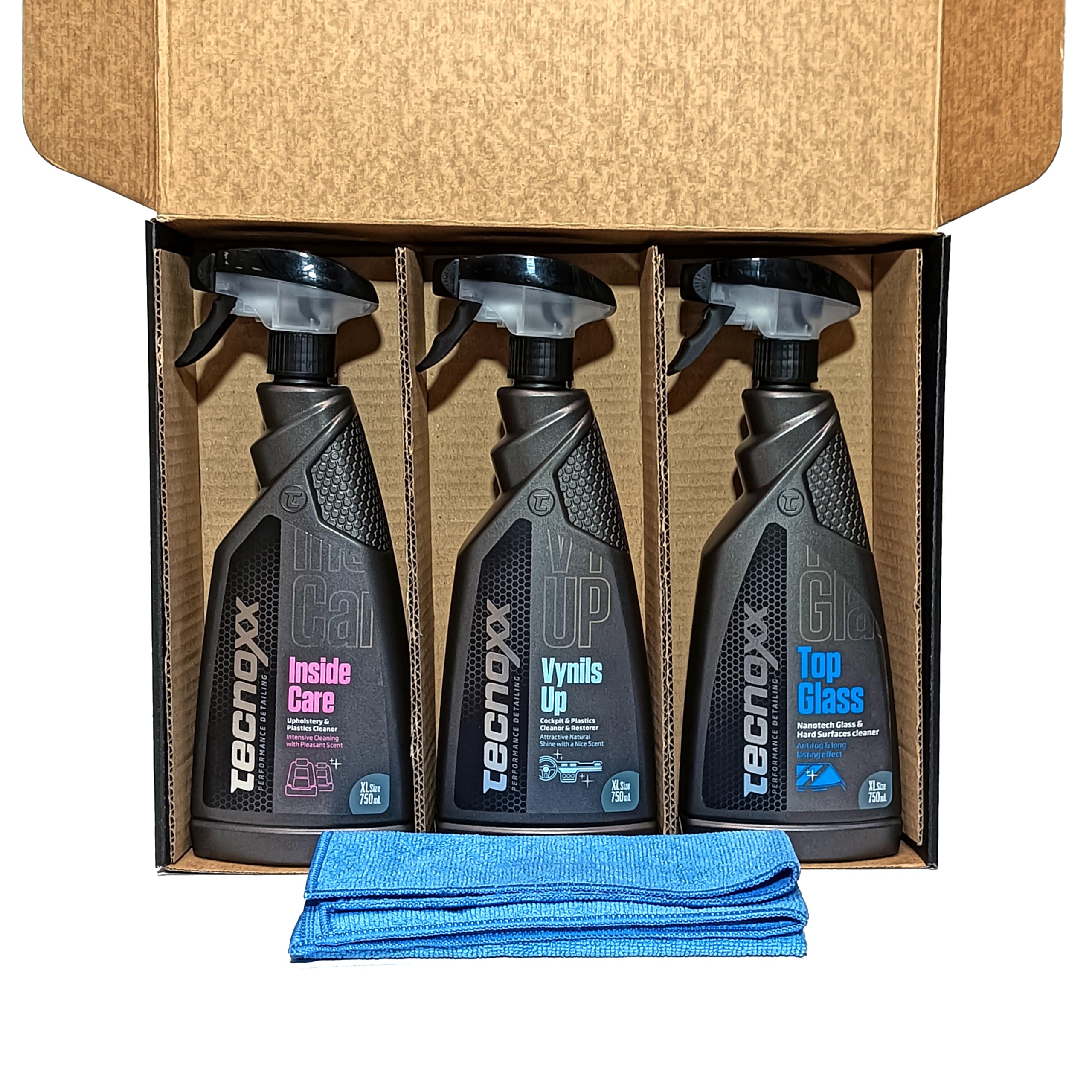 Tecnoxx – Kit In Premium 3 Productos Pro para Limpieza y Mantenimiento Interior de Coches Envases XL 750 mL con hidratador salpicaderos detergente tapicerías Limpia Pantallas Cristales